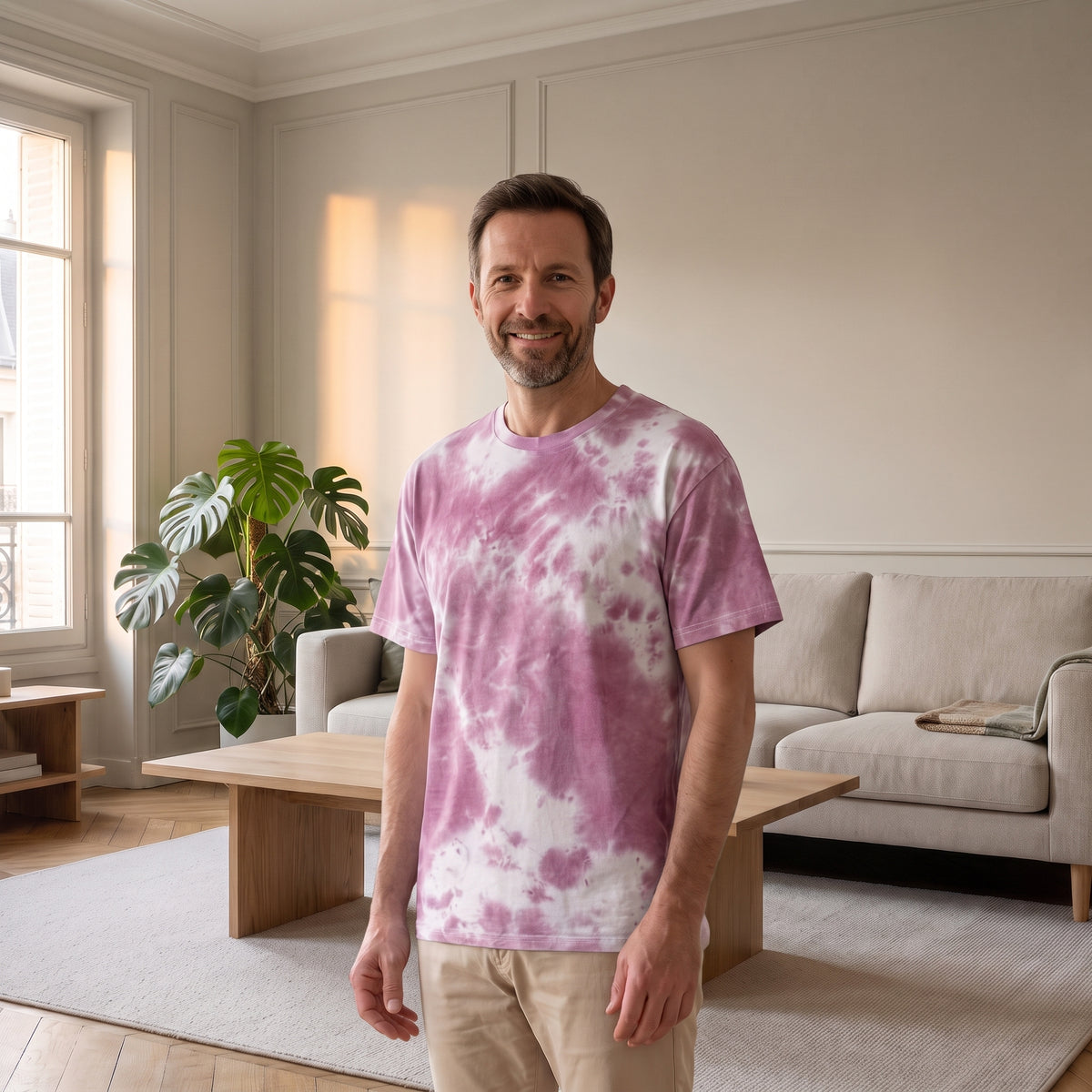 Homme en T-shirt ample tie-dye violet et blanc dans un salon lumineux