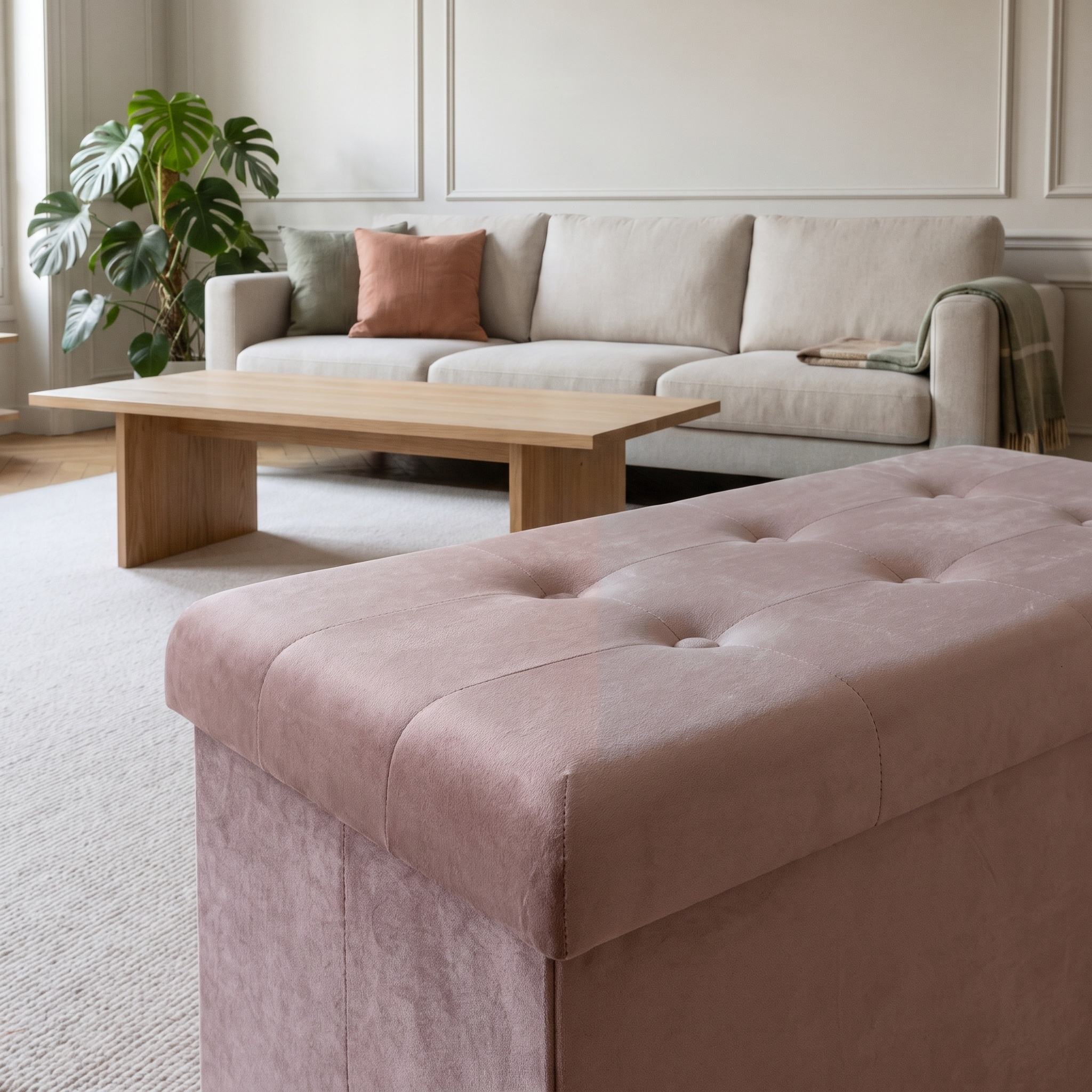 Gros plan du velours rose et du capitonnage du couvercle du tabouret coffre Image