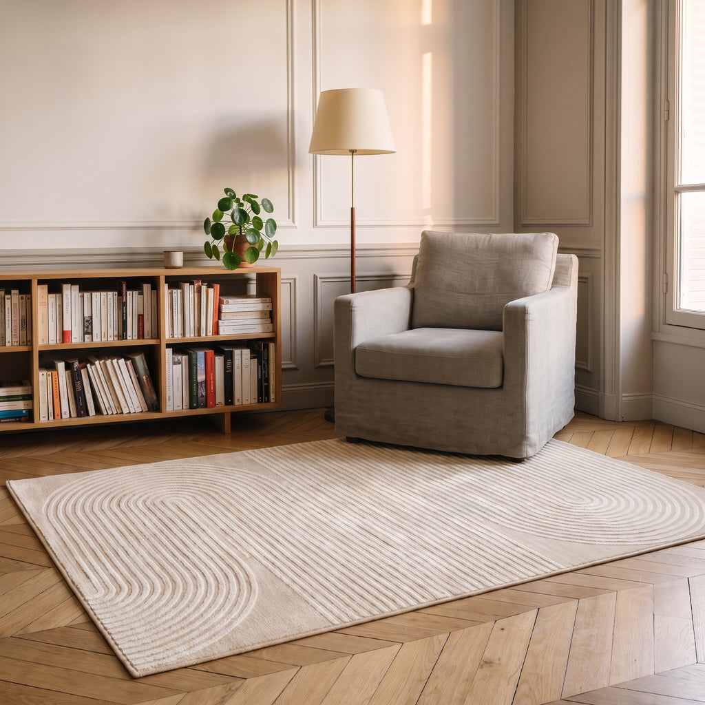 Tapis a arches sable pose dans un coin lecture devant un fauteuil et un lampadaire
