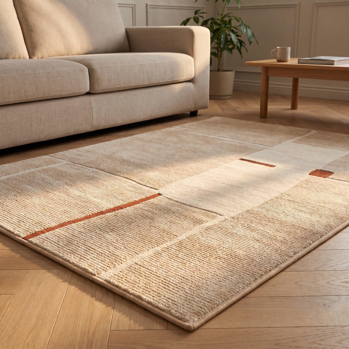 Vue au ras du sol d'un tapis abstrait sable a lignes terracotta, lumiere rasante