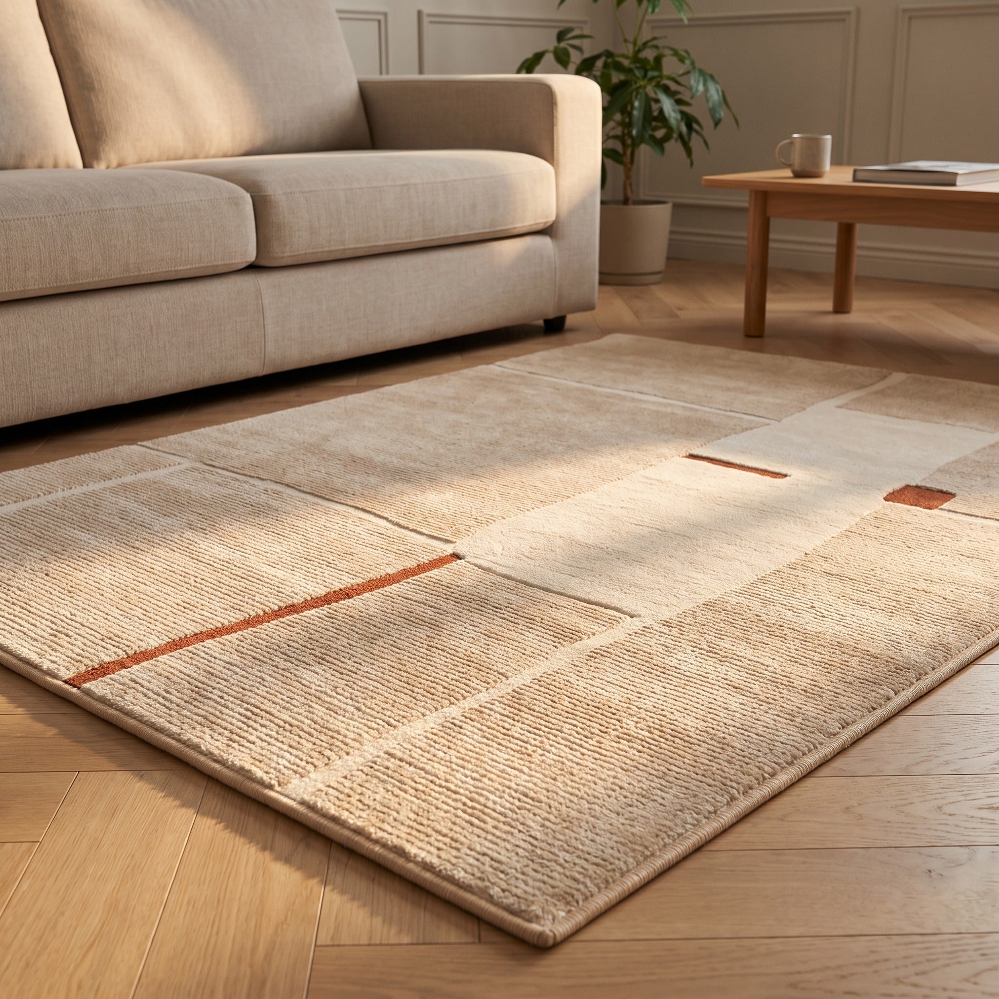 Vue au ras du sol d'un tapis abstrait sable a lignes terracotta, lumiere rasante Image