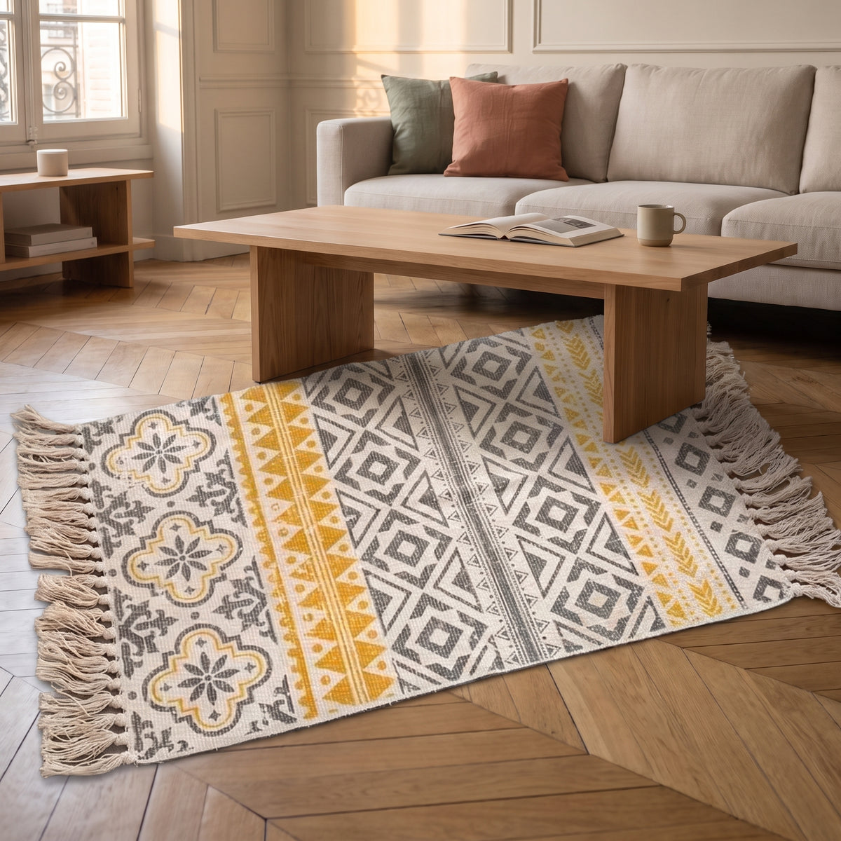 Détail du tissage et des franges du tapis bohème jaune Image