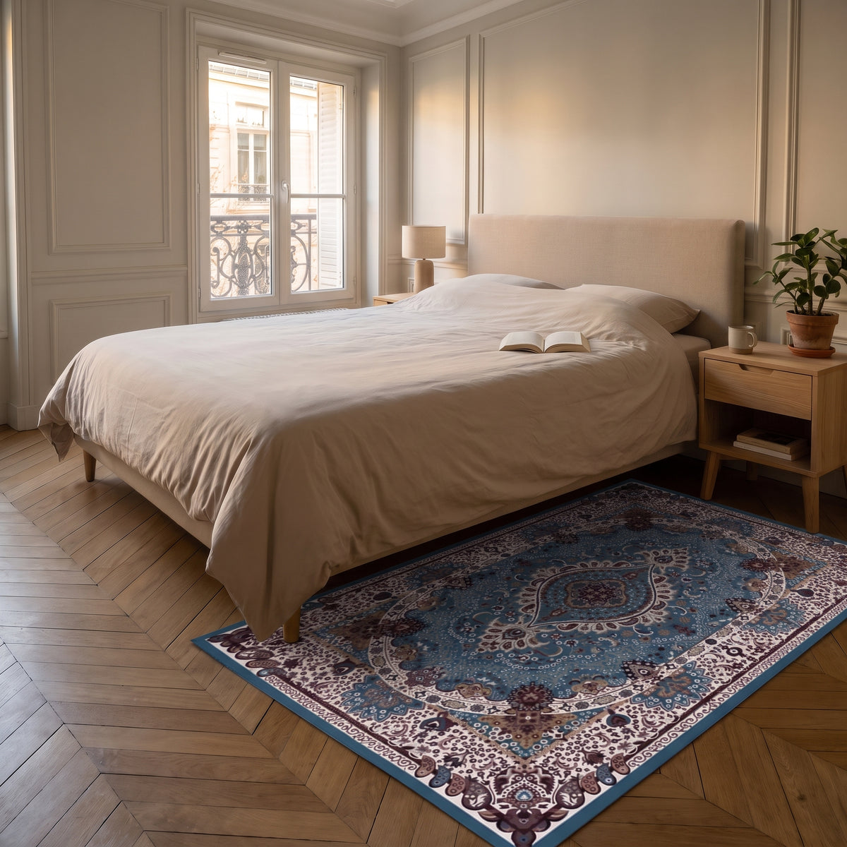 Tapis boho turc aux tons bleus mis en scène dans un intérieur français, vue 2 Image