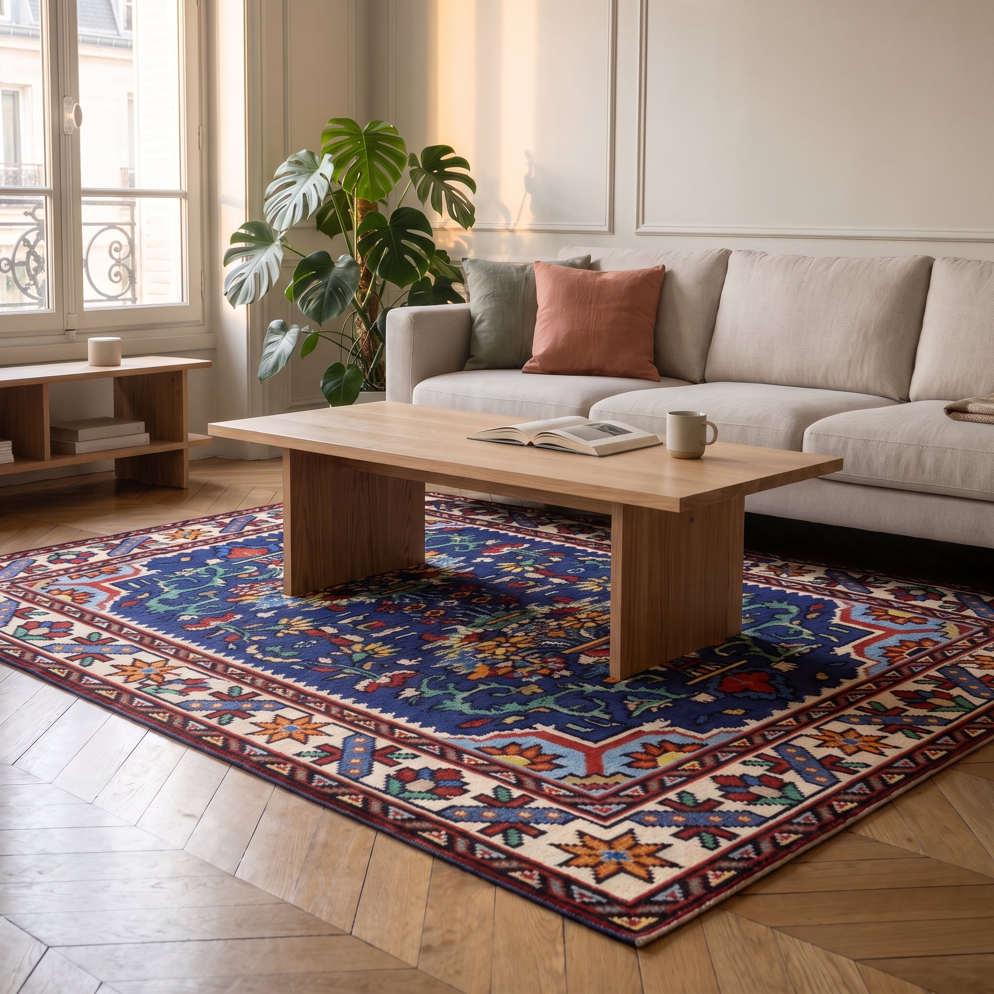 Tapis boho turc aux tons bleus mis en scène dans un intérieur français, vue 3 Image