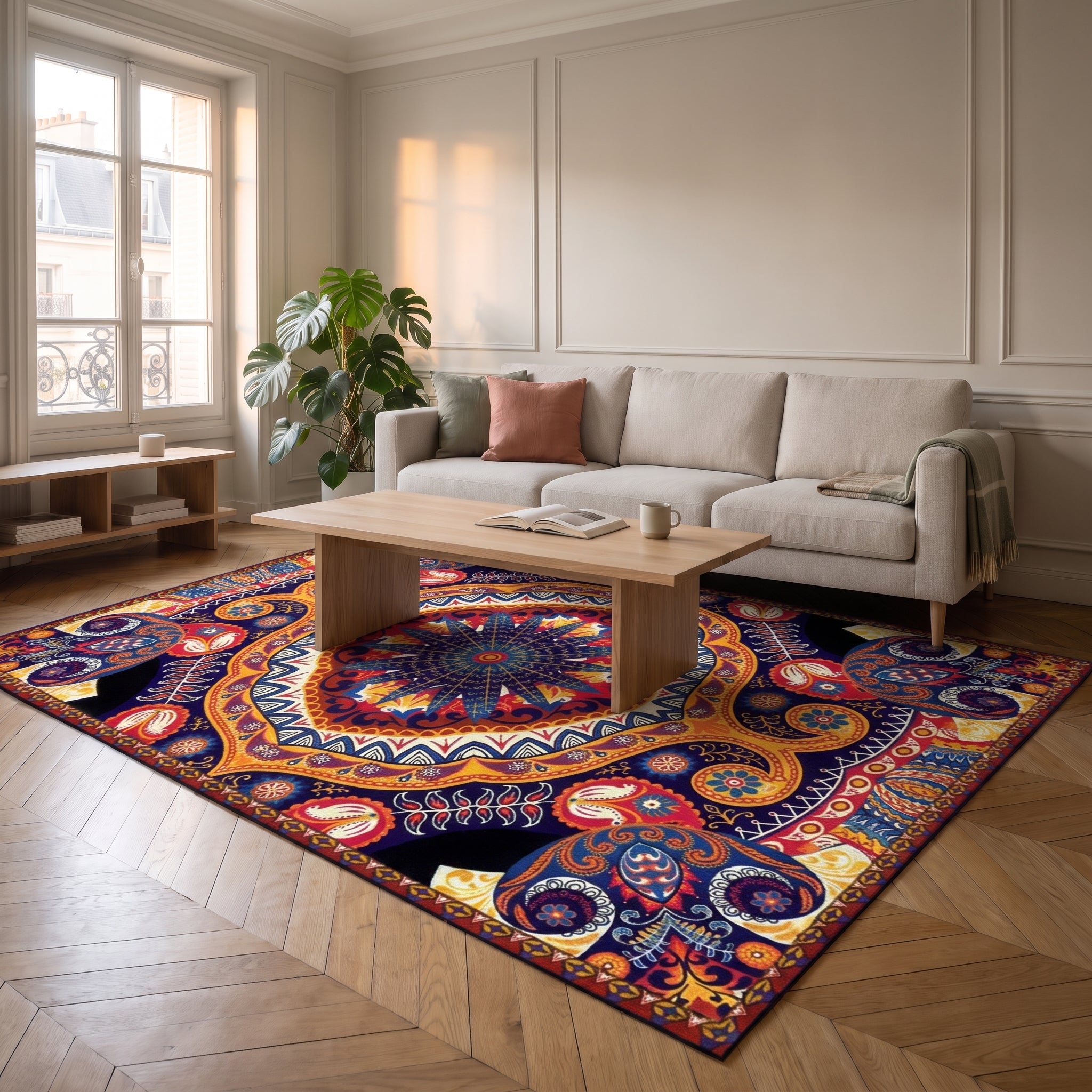 Tapis boho turc aux tons chauds mis en scène dans un intérieur français, vue 3 Image