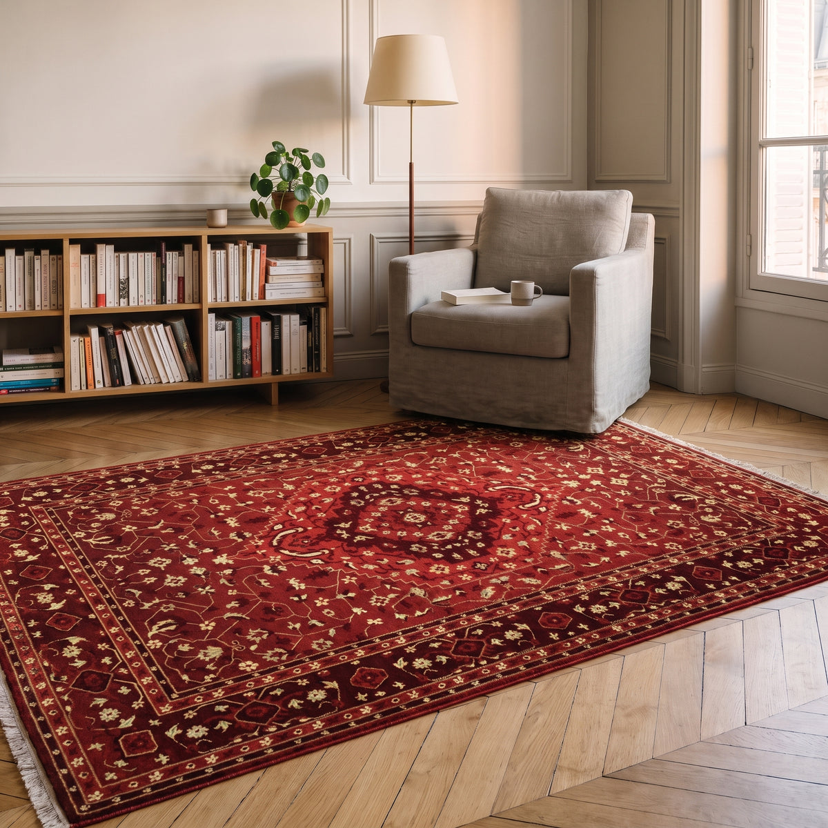 Tapis boho turc aux tons rouges mis en scène dans un intérieur français, vue 1 Image