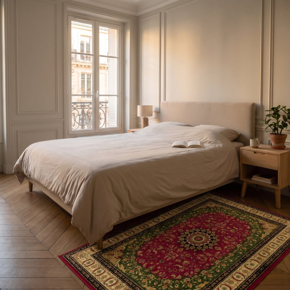 Tapis boho turc aux tons rouges mis en scène dans un intérieur français, vue 2 Image