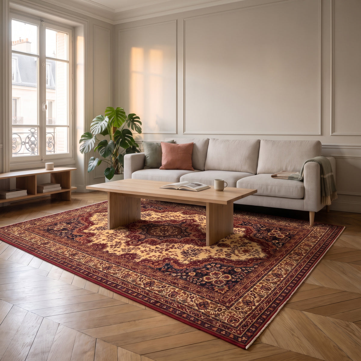 Tapis boho turc aux tons rouges mis en scène dans un intérieur français, vue 3 Image