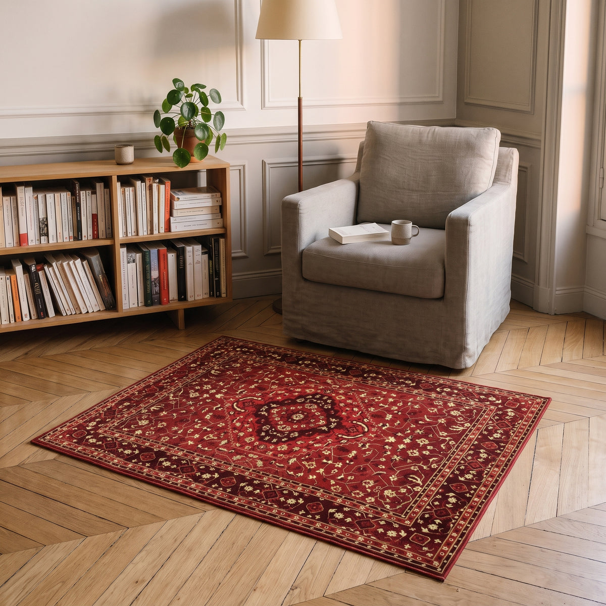 Détail en situation du tapis boho turc aux tons rouges