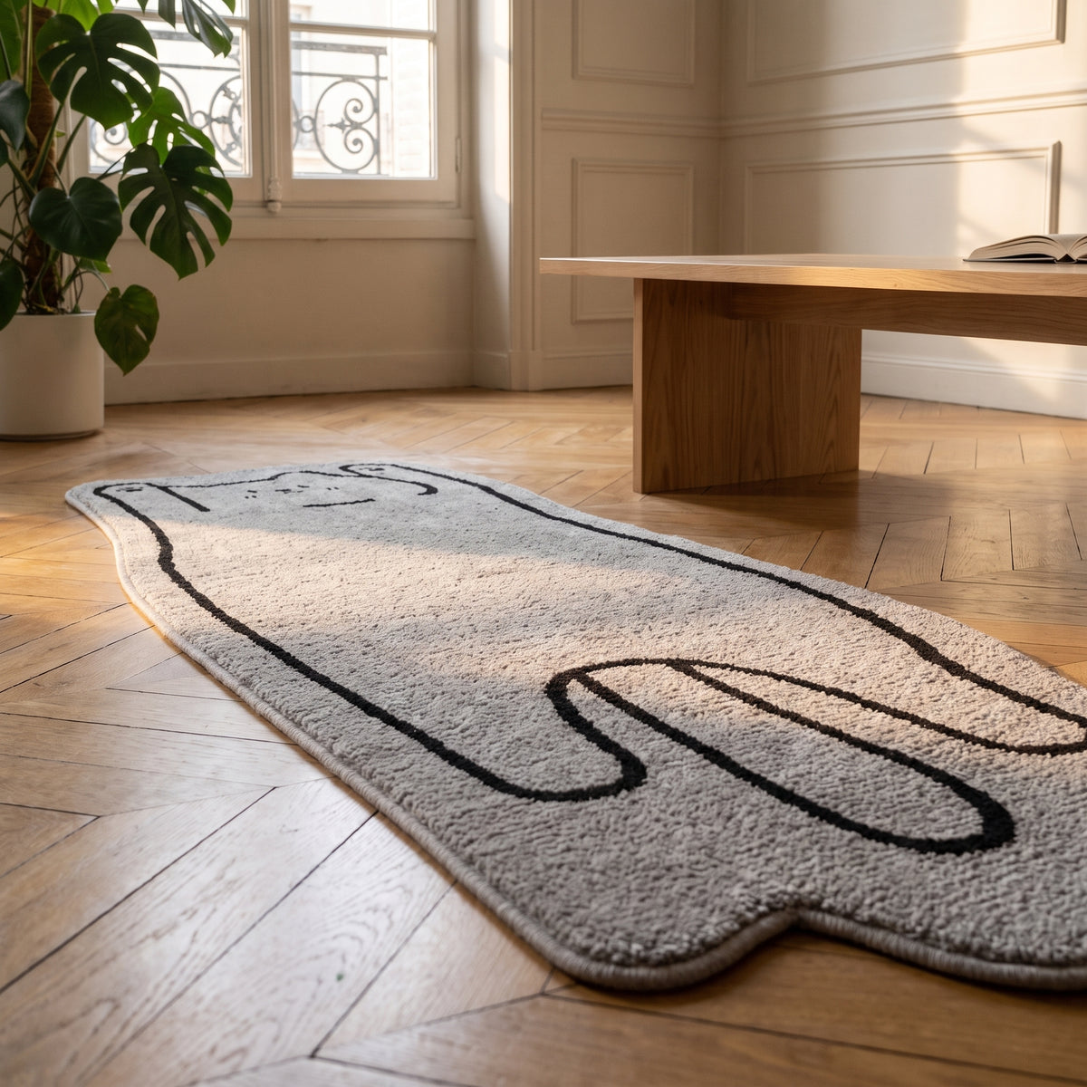 Détail du polyester et du contour noir du tapis chat cartoon Image