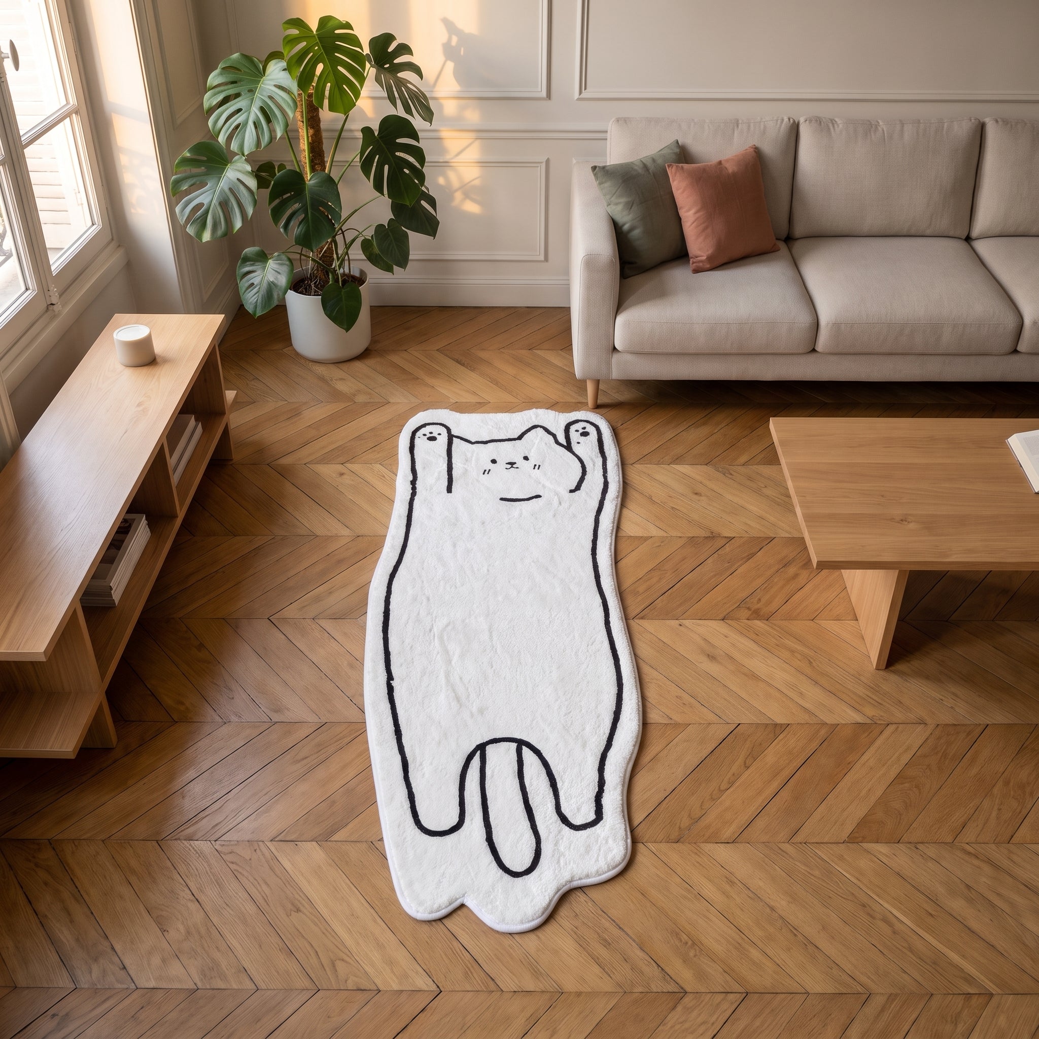 Vue du dessus du tapis chat cartoon gris beige au trait noir Image