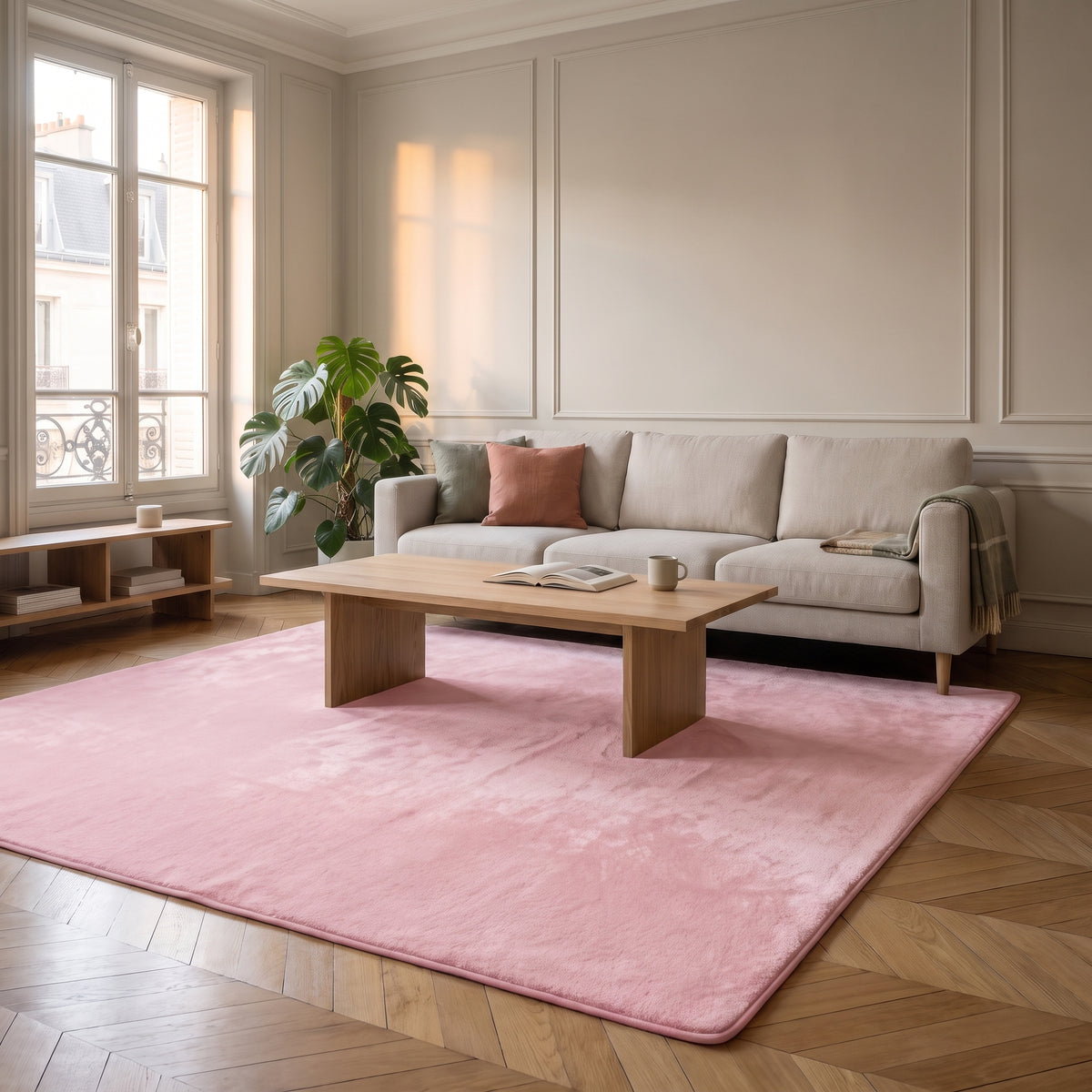 Tapis rose dans un salon aux tons doux Image