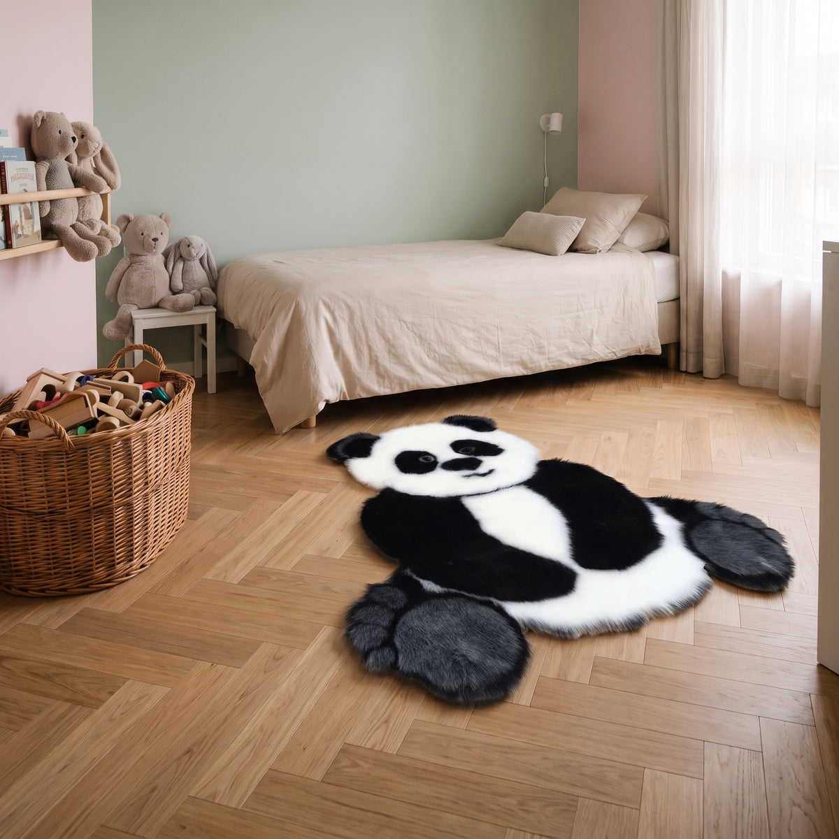 Tapis panda installé au bord du lit dans une chambre d’enfant Image