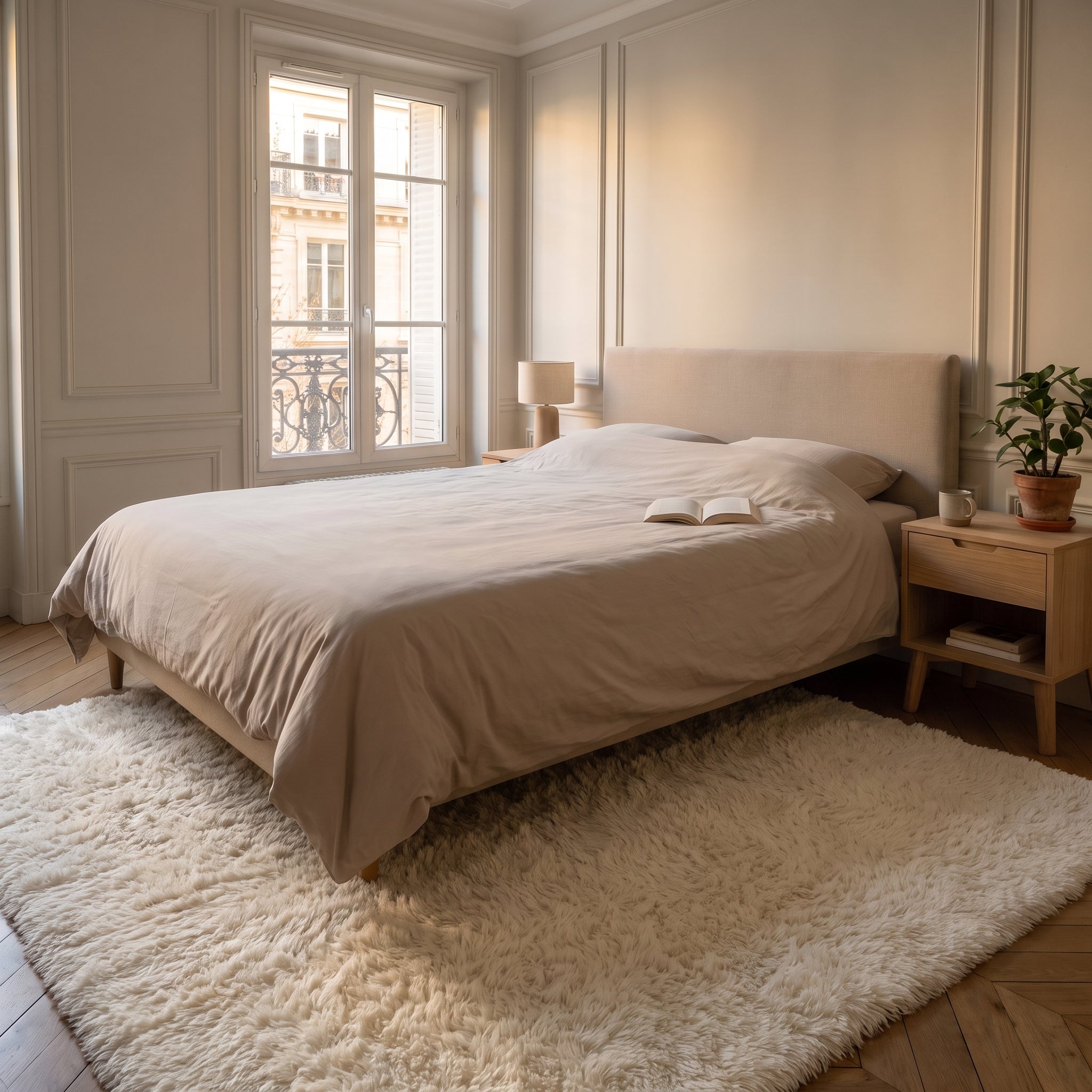 La chambre entière vue de loin, le tapis écru couvre le sol devant le lit et la table de chevet en bois Image