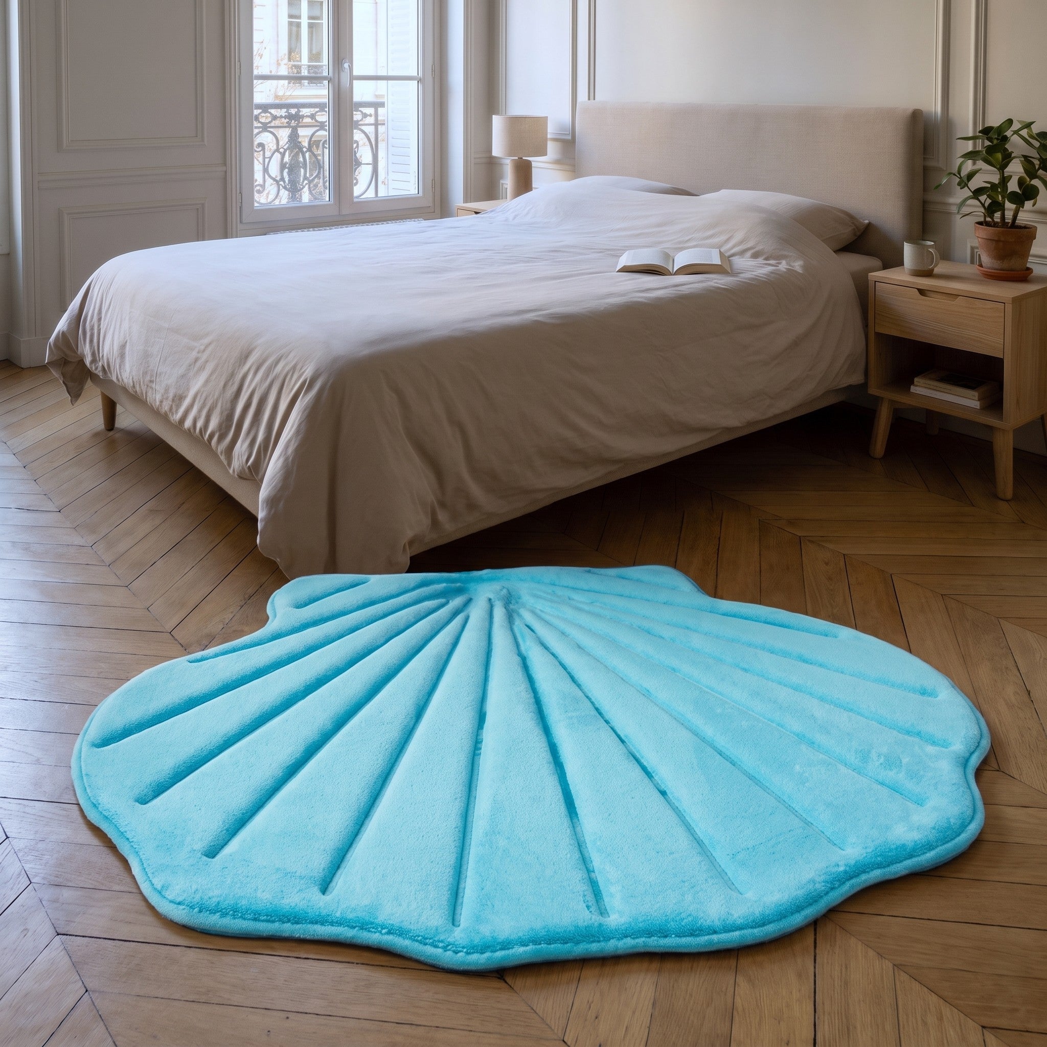 Tapis coquillage bleu turquoise vu de trois quarts sur un parquet Image