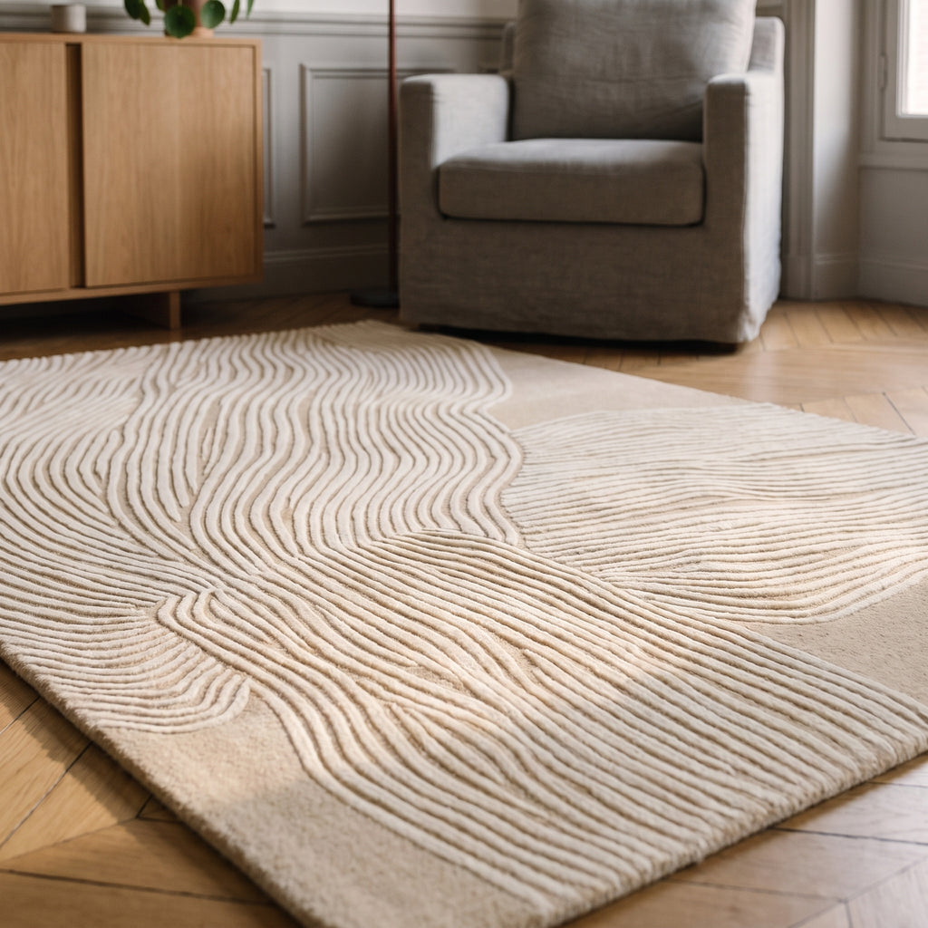 Vue au ras du sol des bandes nuages sculptées d'un tapis sable