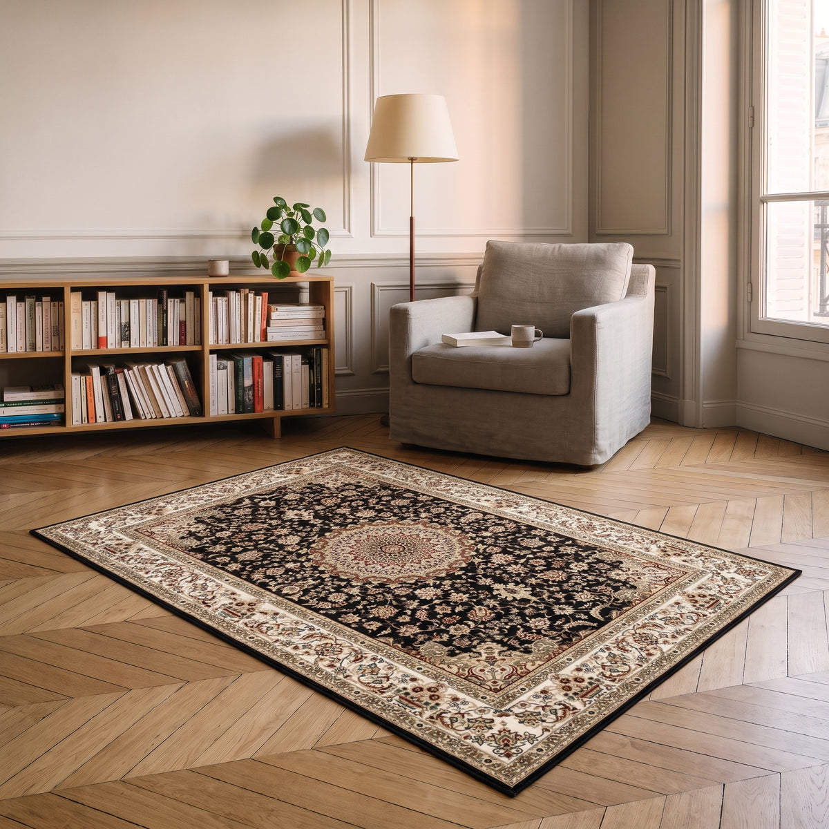 Tapis de salon boho turc aux tons neutres mis en scène dans un intérieur français, vue 1 Image