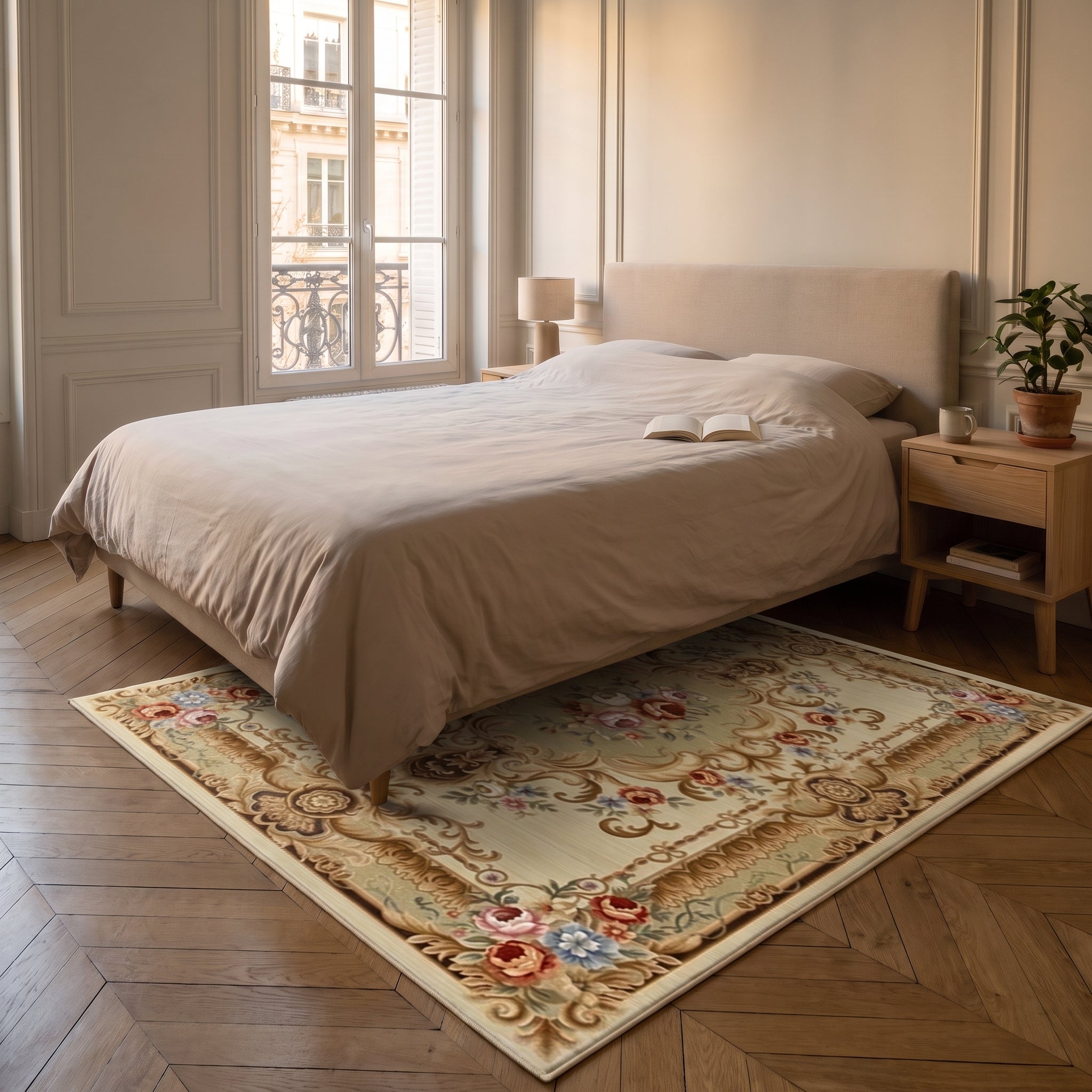 Tapis de salon boho turc aux tons neutres mis en scène dans un intérieur français, vue 2 Image