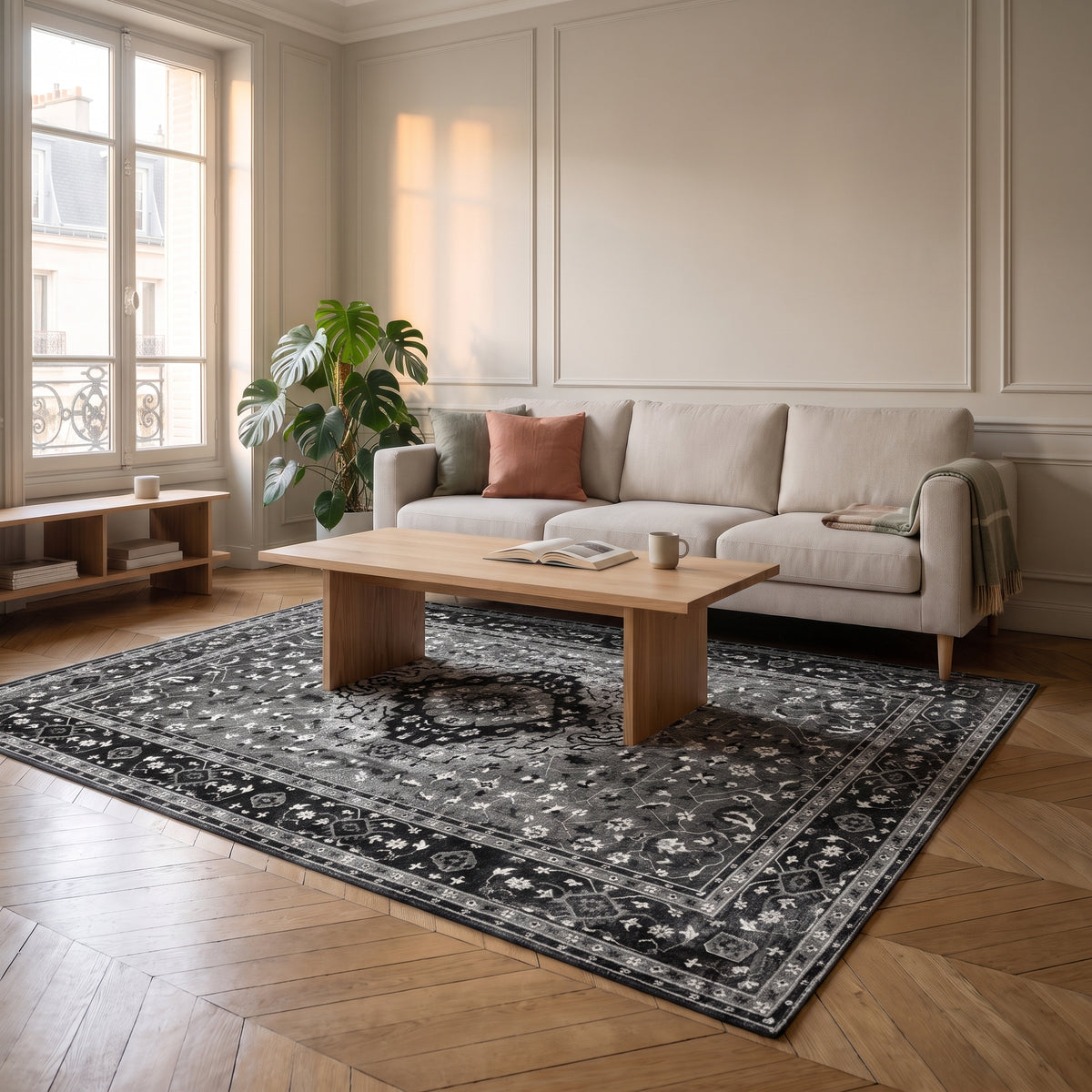 Tapis de salon boho turc aux tons neutres mis en scène dans un intérieur français, vue 3 Image