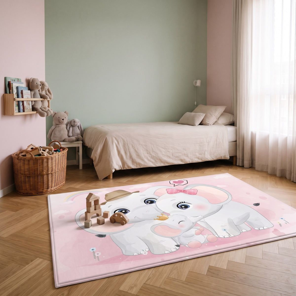 Le tapis devant le lit, des cubes en bois et une petite voiture posés dessus Image