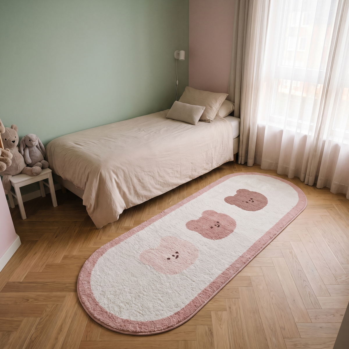 Tapis long beige à trois ours, du rose foncé au rose clair