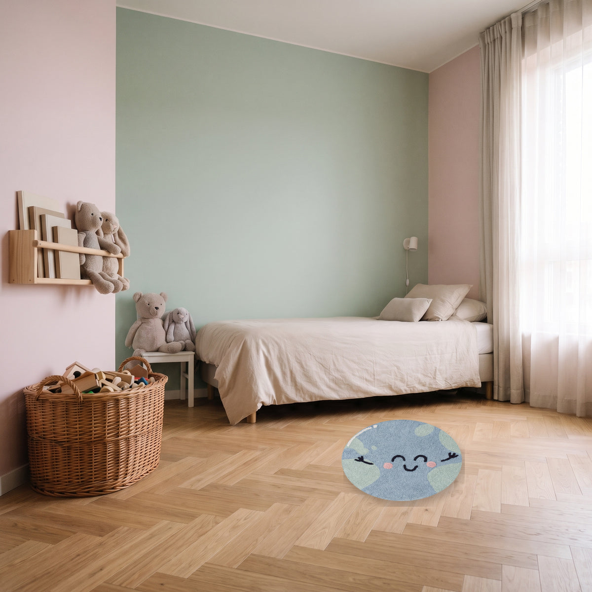 Tapis personnage bleu de 80 cm à l'échelle dans une chambre d'enfant Image