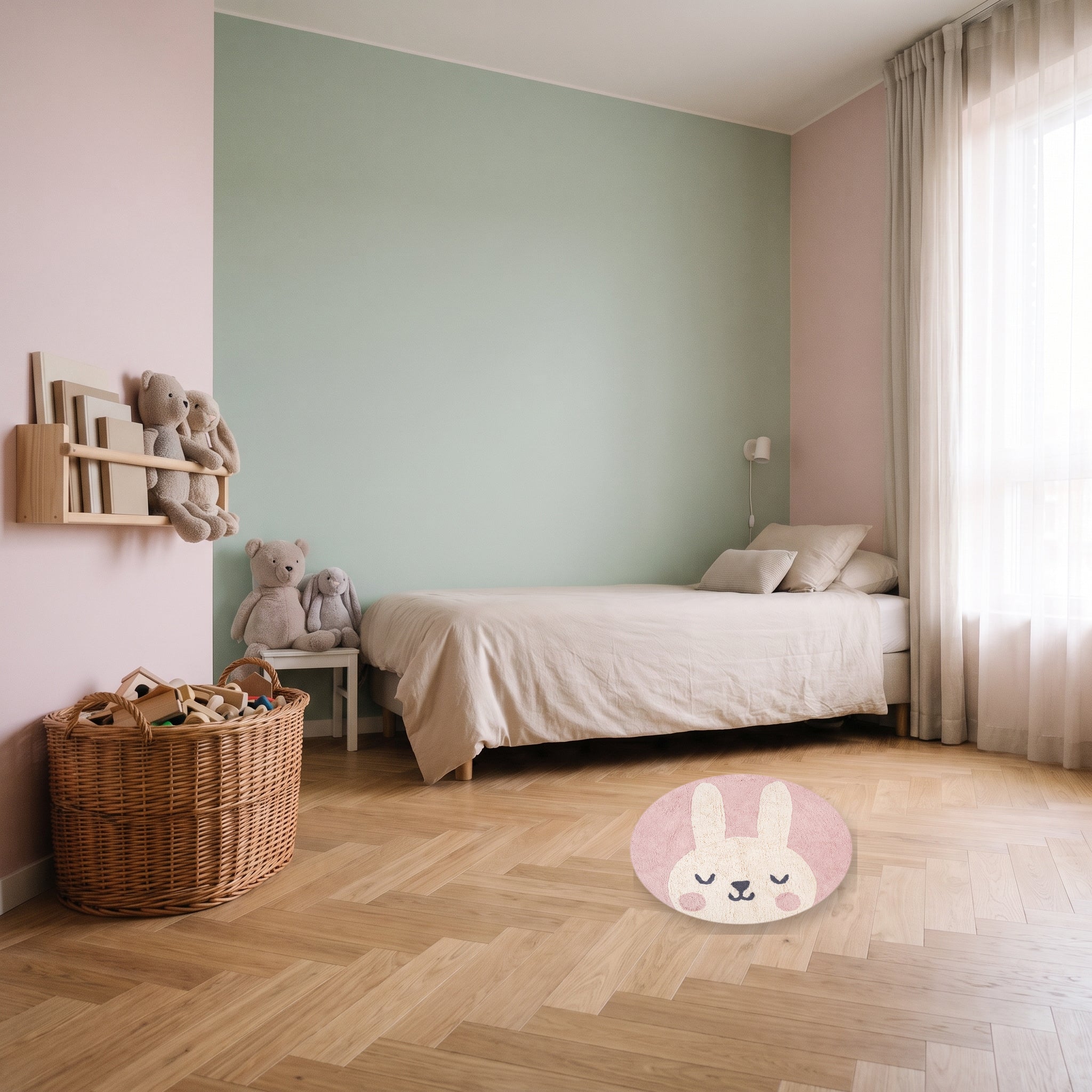 Tapis lapin rose de 80 cm à l'échelle dans une chambre d'enfant Image