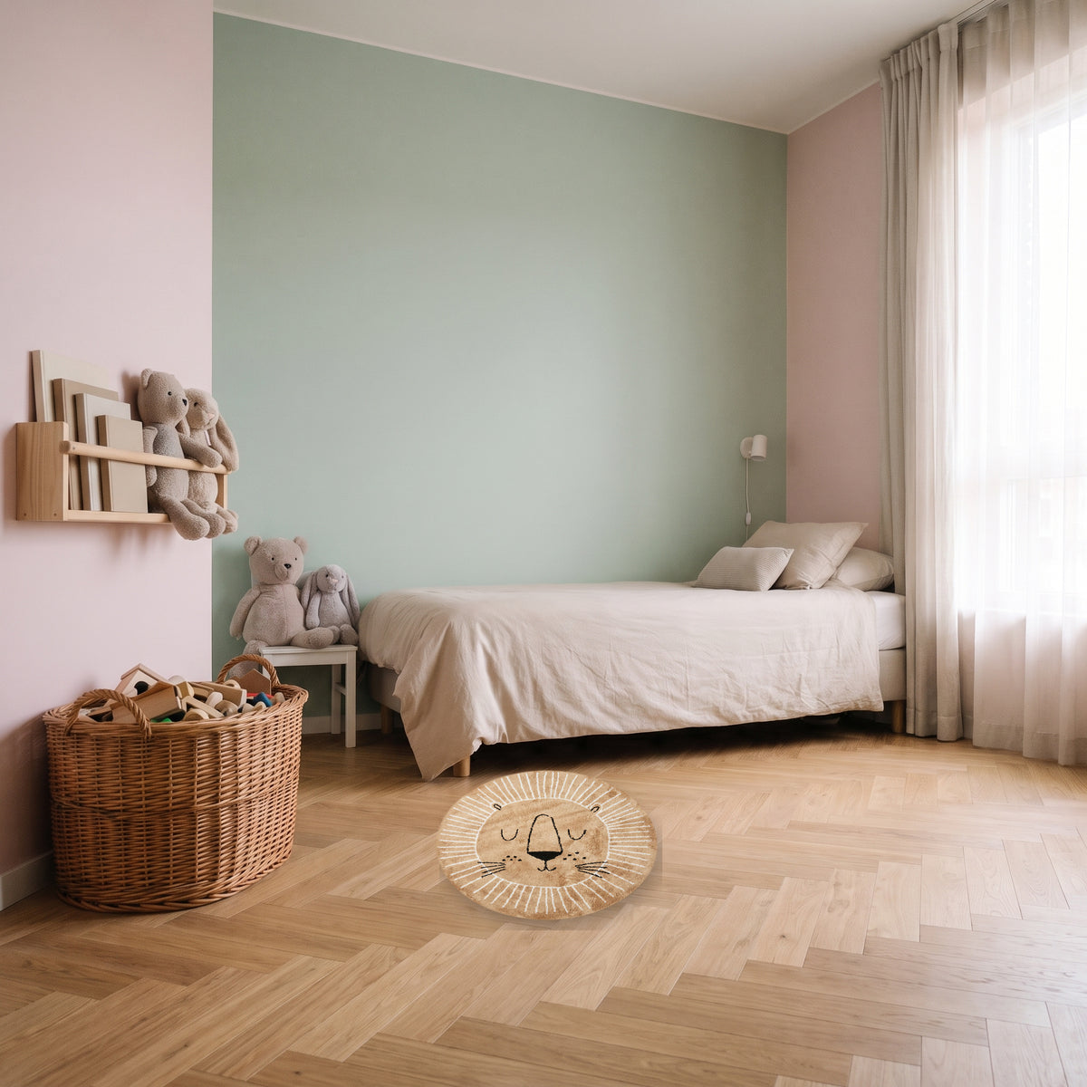 Tapis lion beige de 80 cm dans un coin jeu d'enfant Image