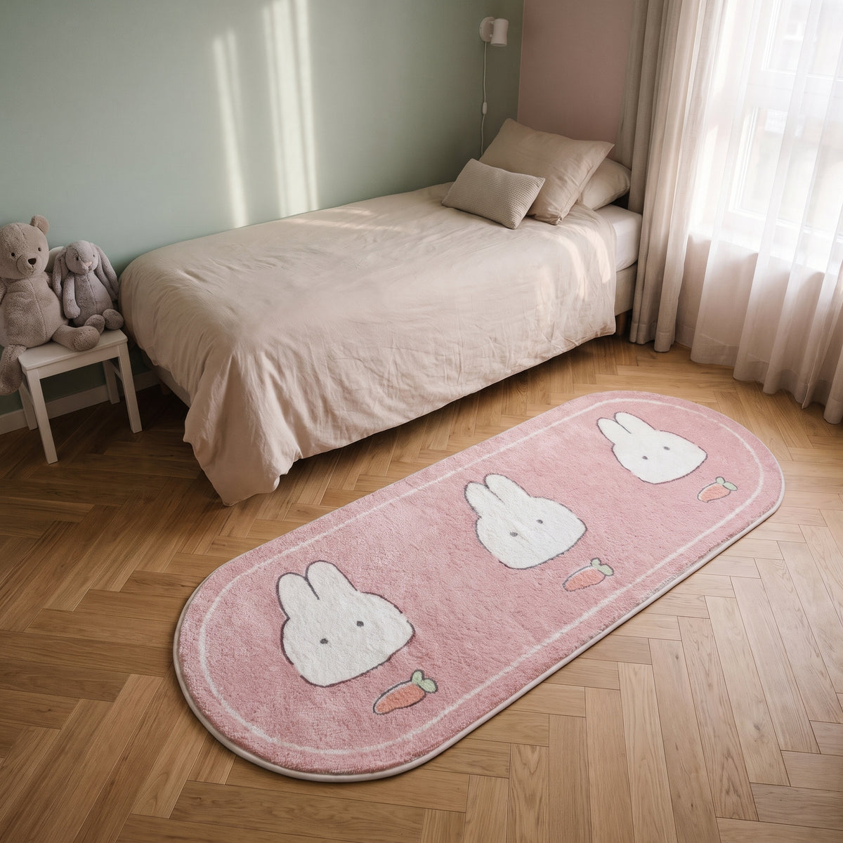 Tapis long rose à trois lapins dans une chambre d’enfant
