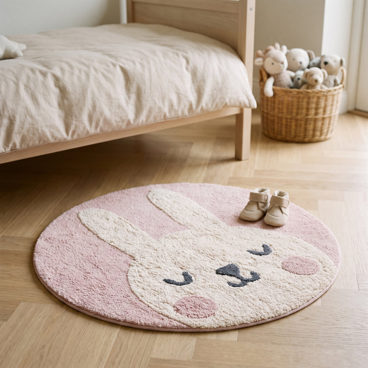 Tapis enfant rond lapin rose pose au sol d une chambre d enfant