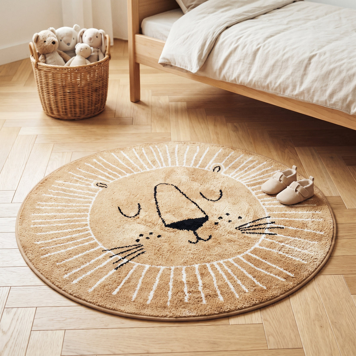 Tapis enfant rond lion beige pose au sol d une chambre d enfant, criniere en rayons blancs
