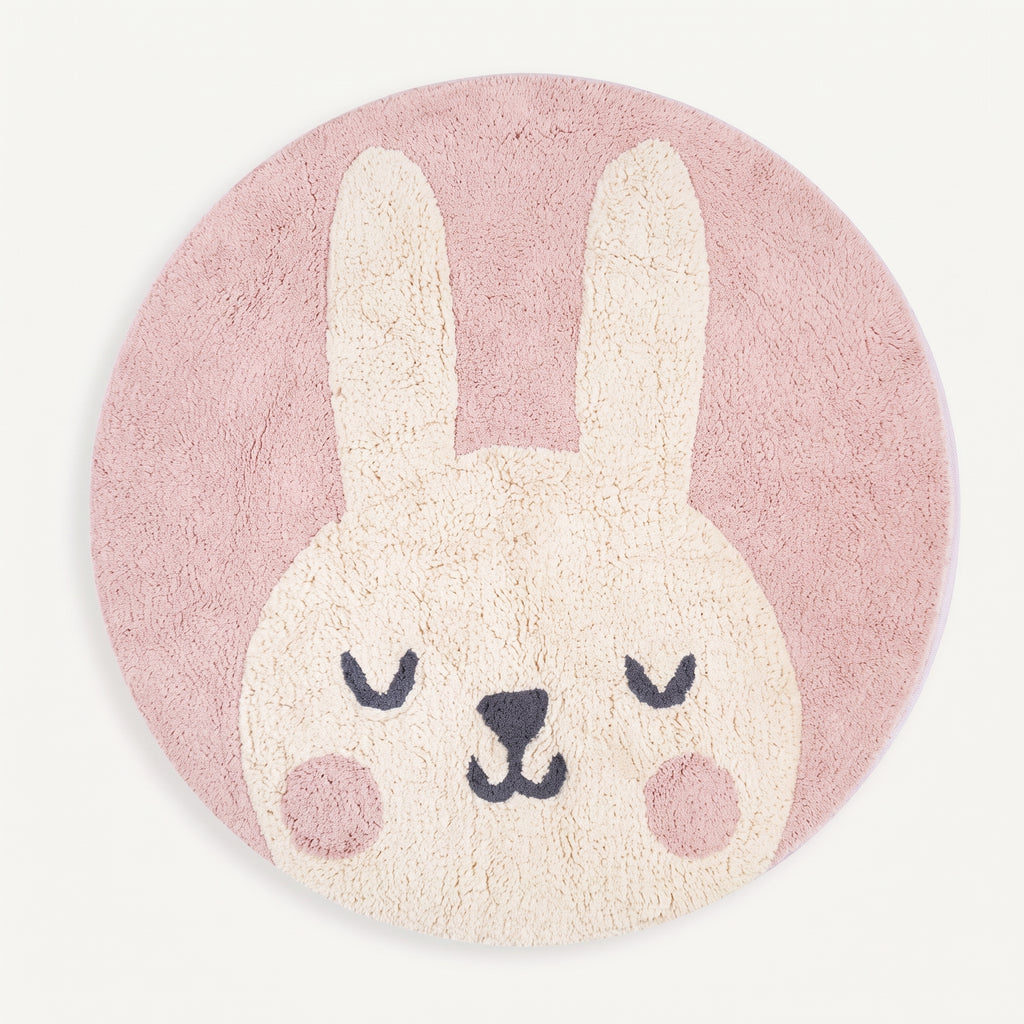 Packshot du tapis enfant rond lapin rose vu du dessus