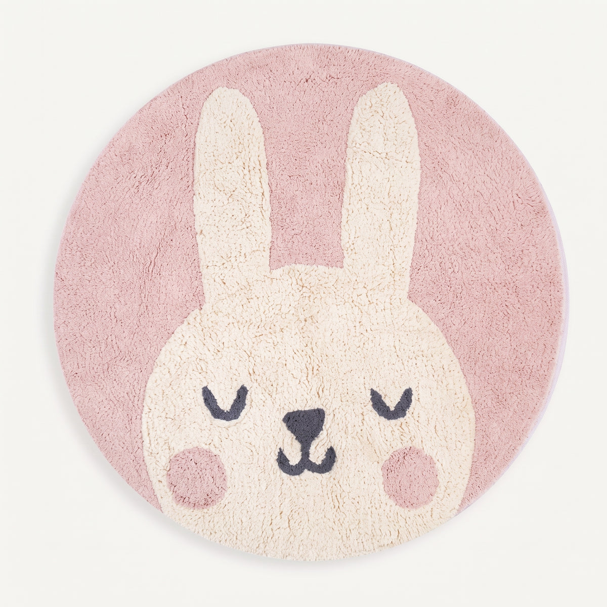 Packshot du tapis enfant rond lapin rose vu du dessus