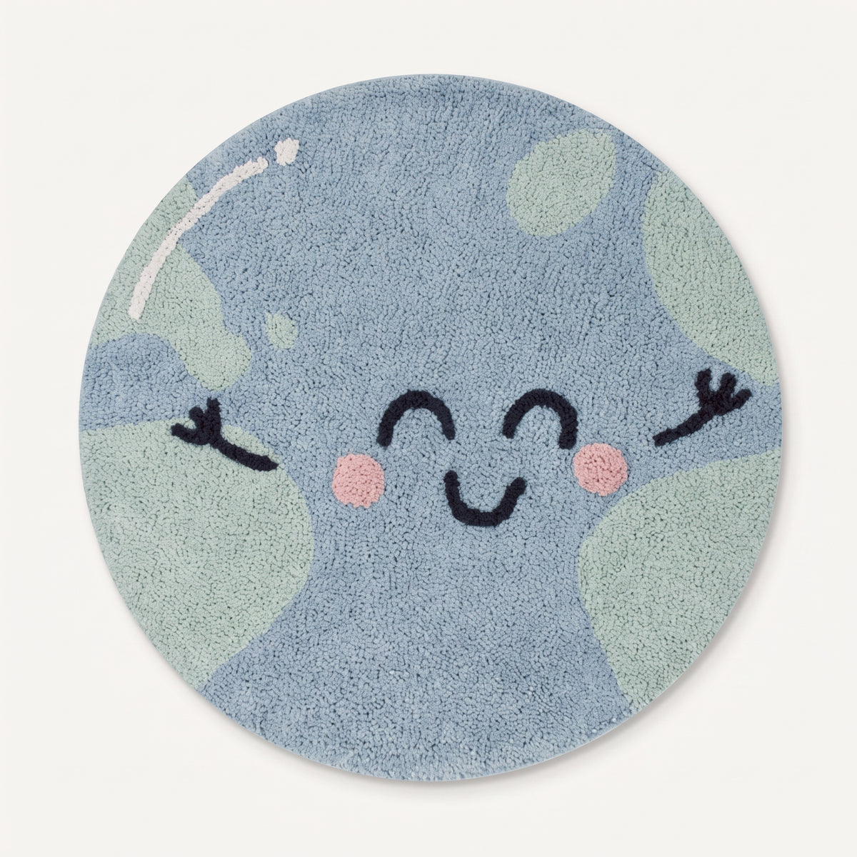 Packshot du tapis enfant rond personnage bleu vu du dessus
