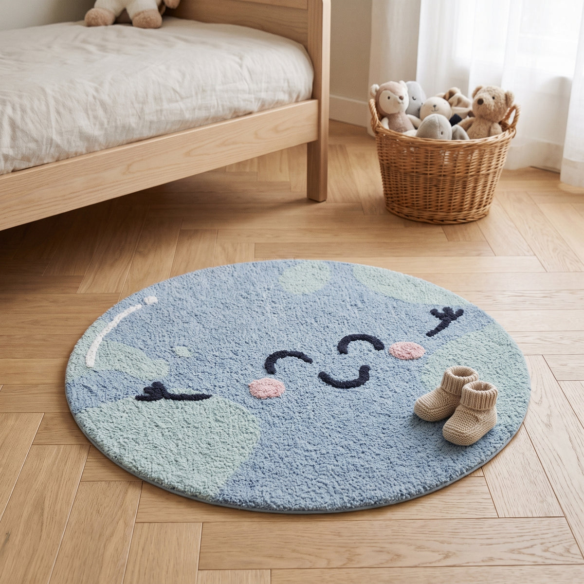 Tapis enfant rond bleu a visage souriant pose au sol d une chambre d enfant