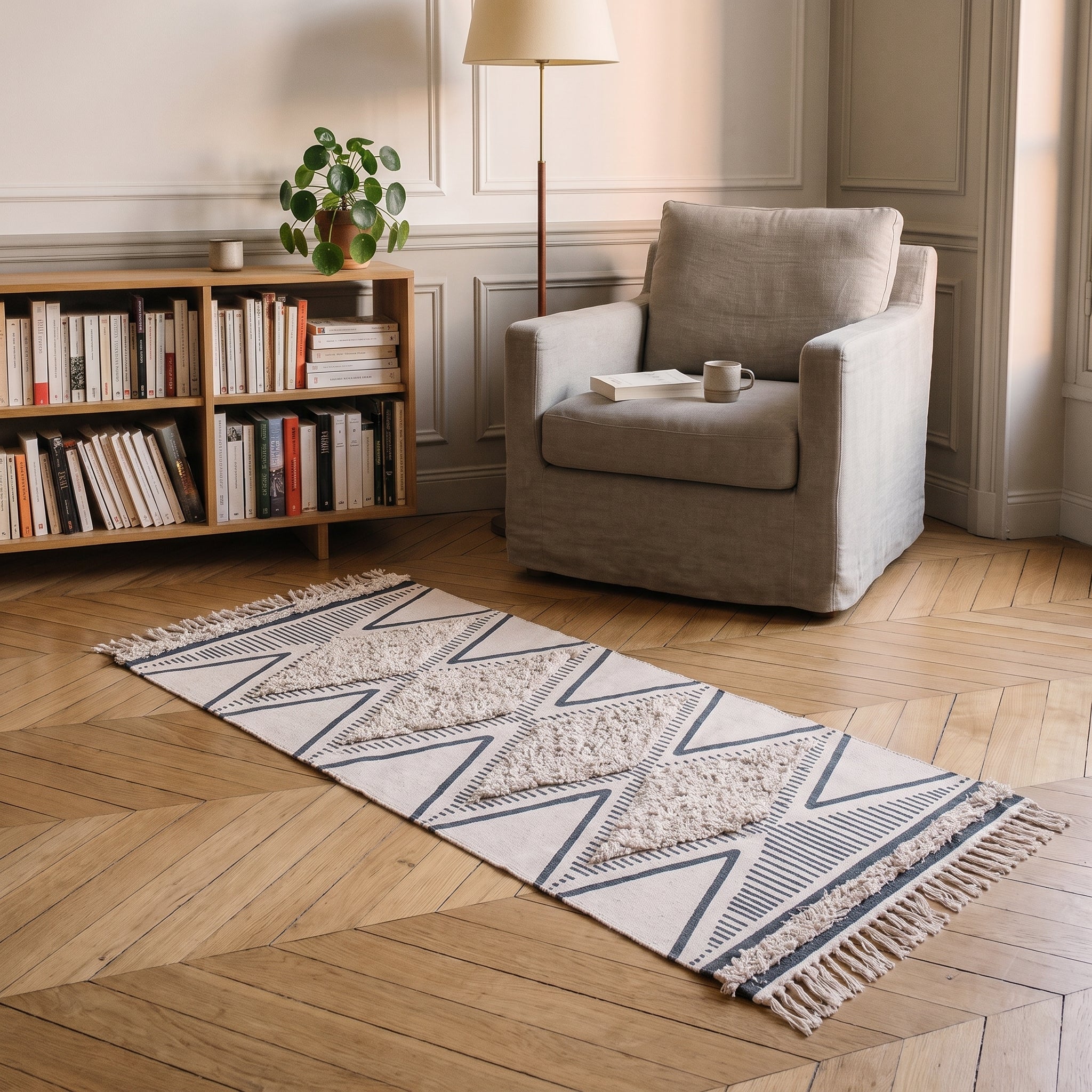 Le tapis ethnique écru et gris anthracite posé sur le parquet devant un fauteuil de lecture beige Image