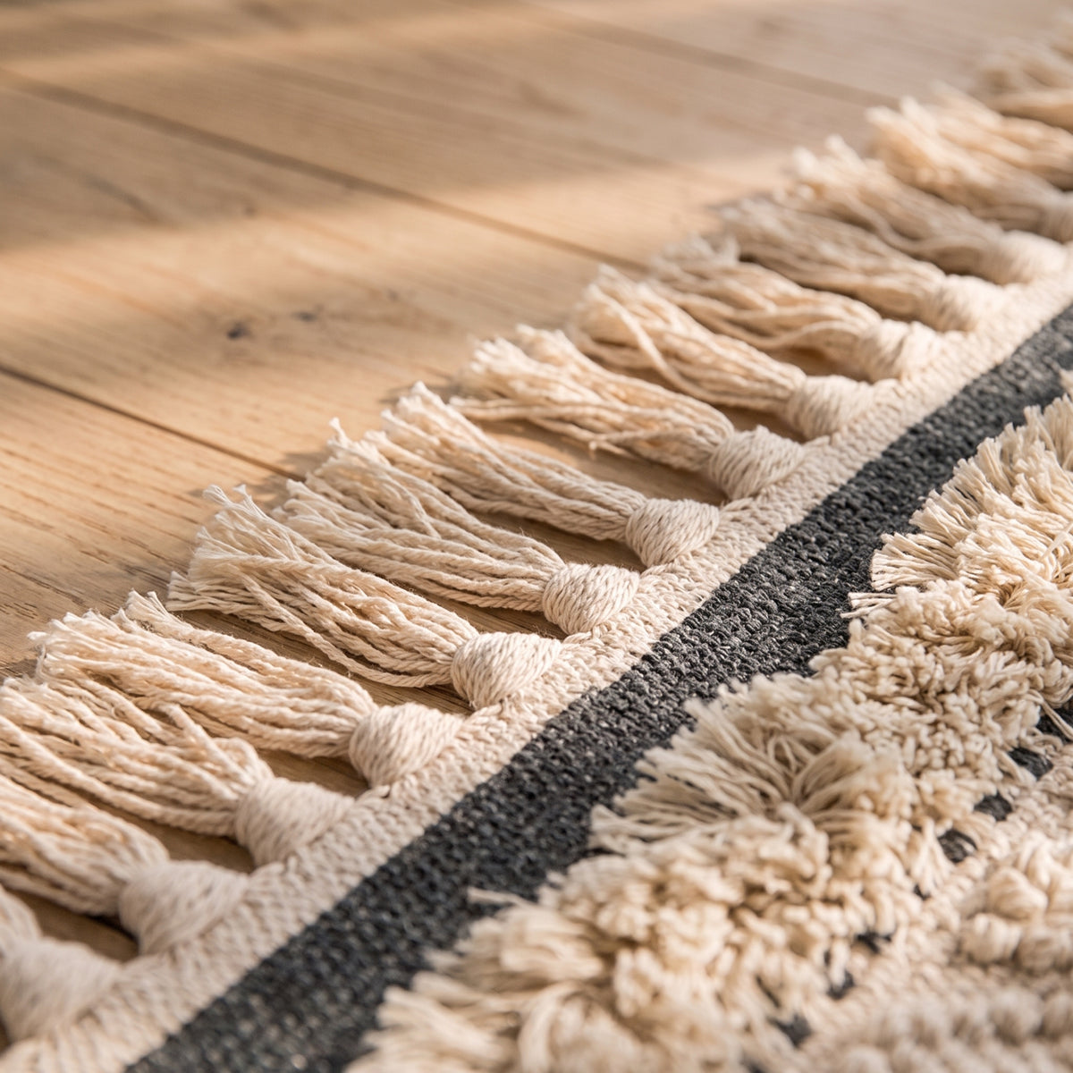 Les franges de coton torsadées du tapis ethnique étalées sur un parquet clair Image