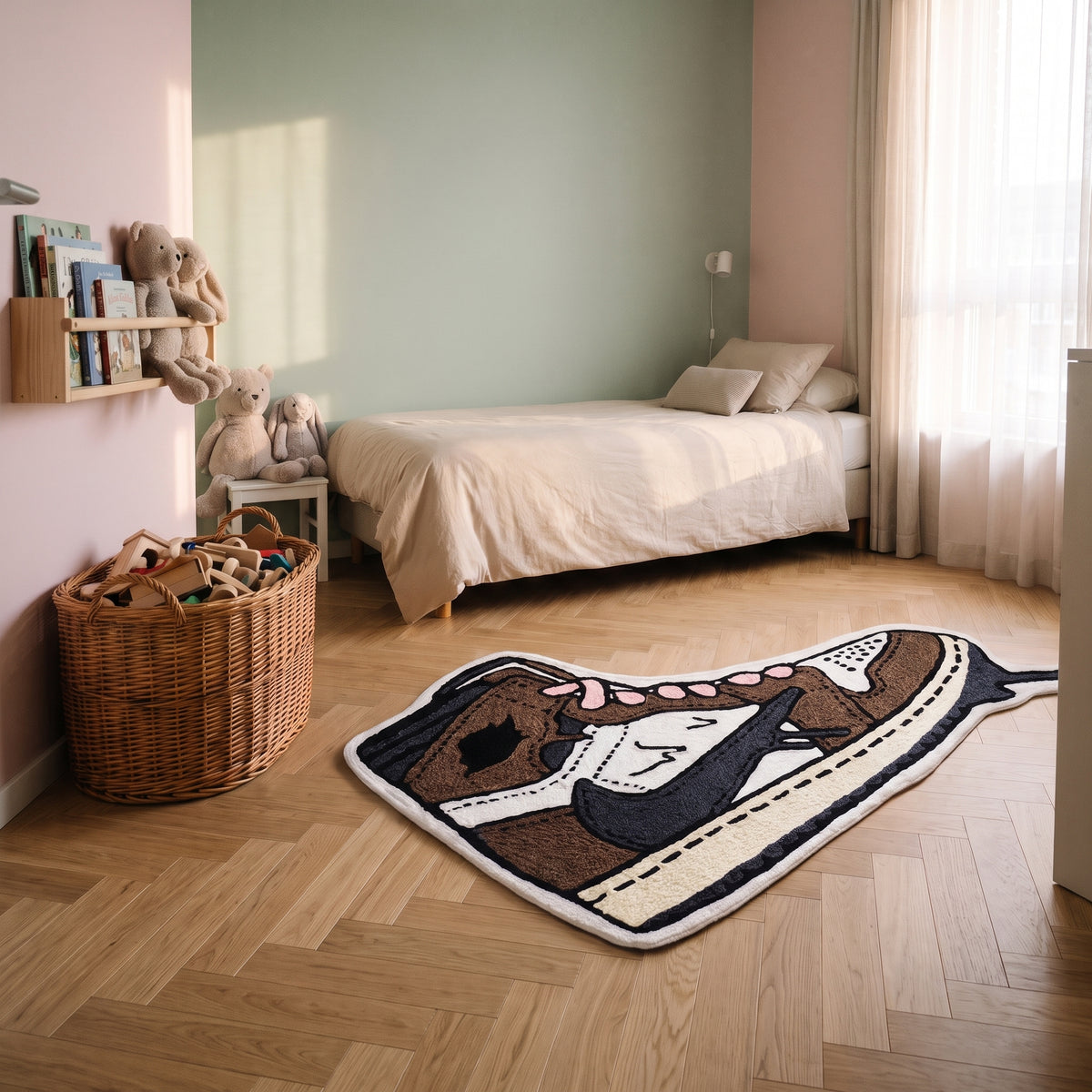 Tapis enfant en forme de basket marron posé au sol d'une chambre d'enfant Image