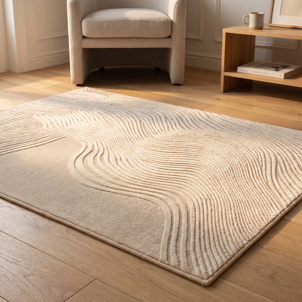 Vue au ras du sol du relief sculpté d'un tapis à vagues et galets sable