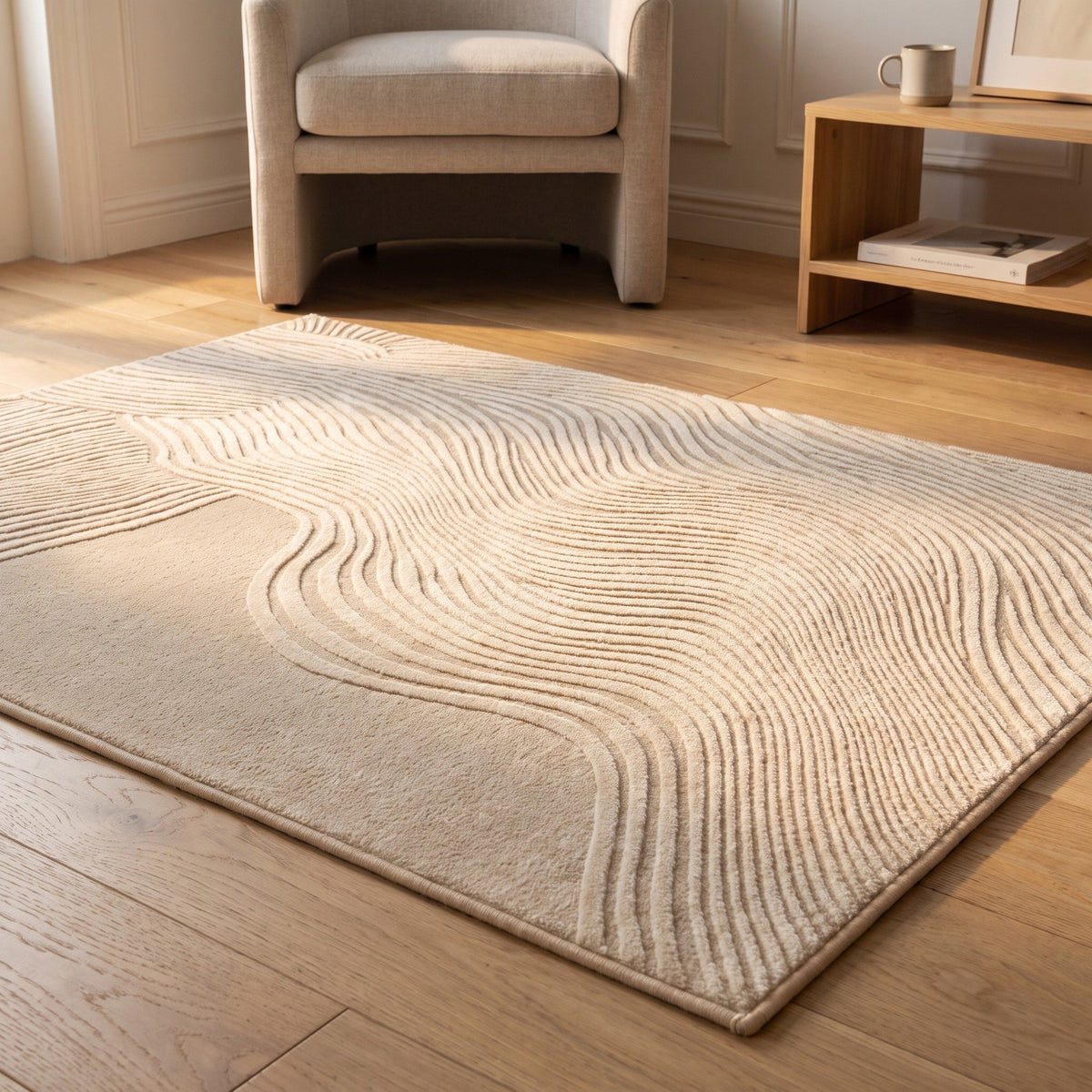 Vue au ras du sol du relief sculpté d'un tapis à vagues et galets sable