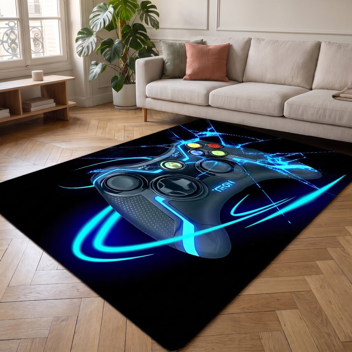 Détail fidèle du tapis gaming Manette X TR posé à plat dans un salon Image