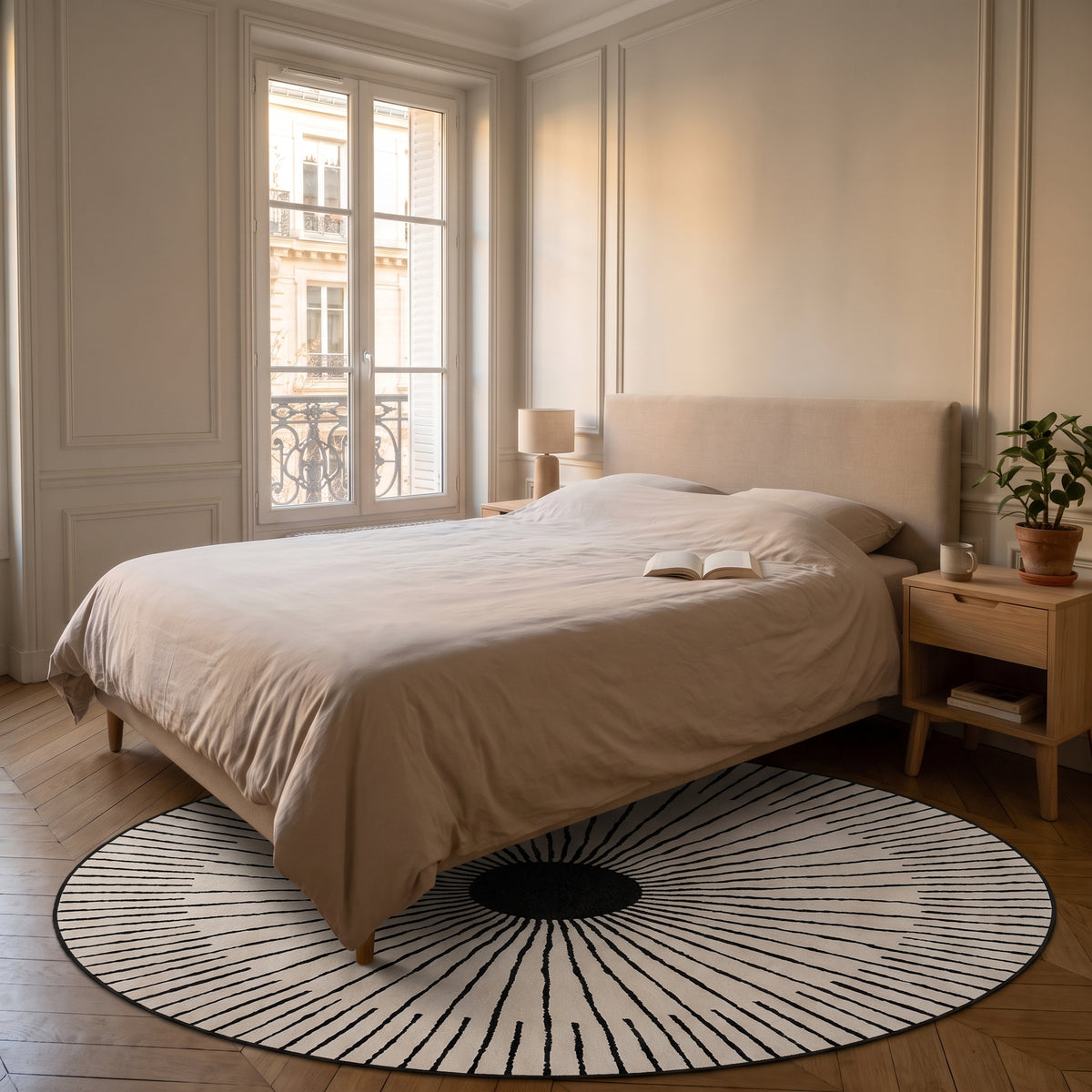 Tapis rond géométrique placé au pied d’un lit