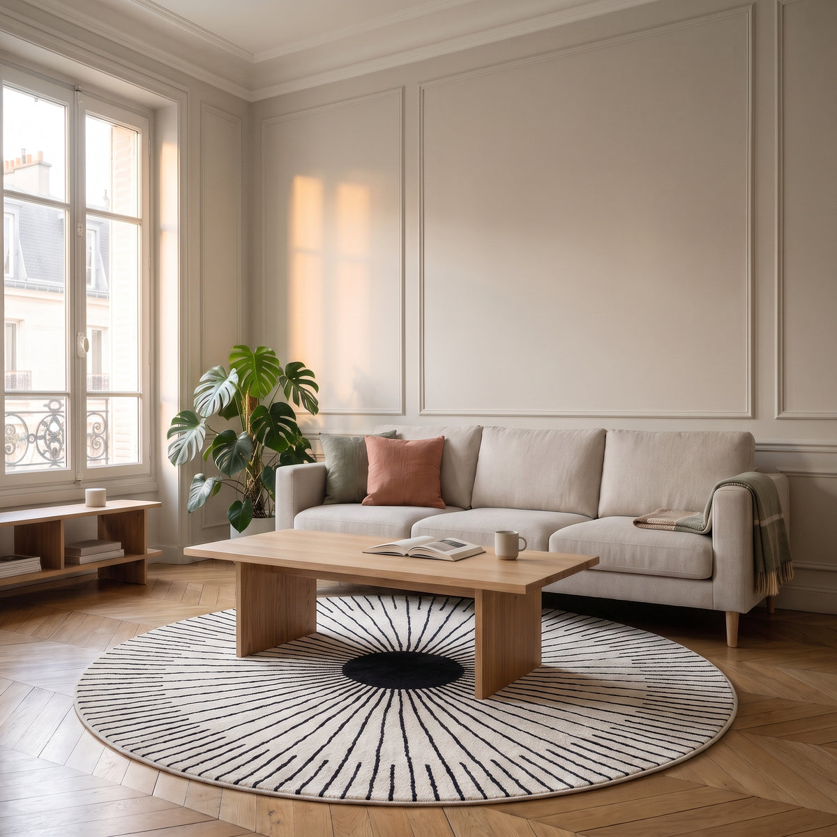 Tapis rond géométrique noir et écru dans un salon lumineux