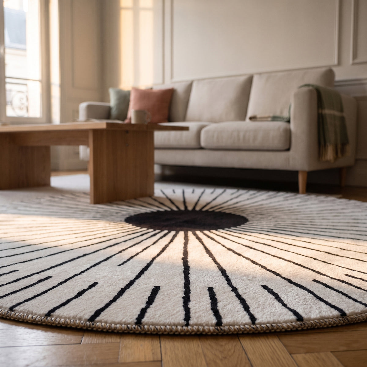 Vue basse du tapis géométrique devant un canapé