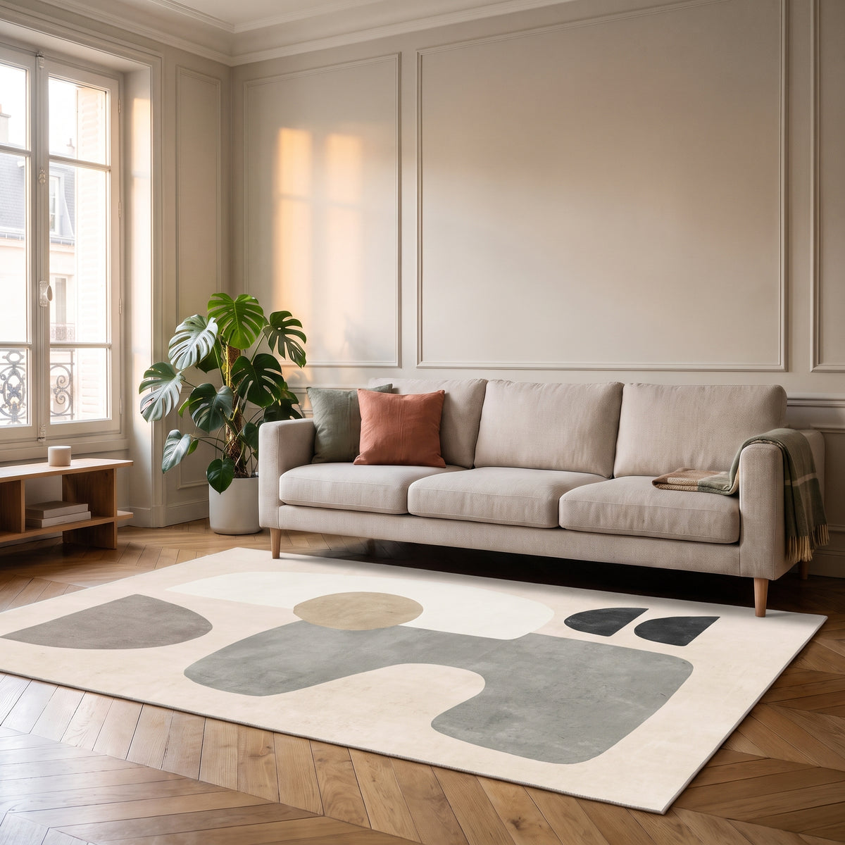 Tapis à formes grises dans un salon lumineux Image