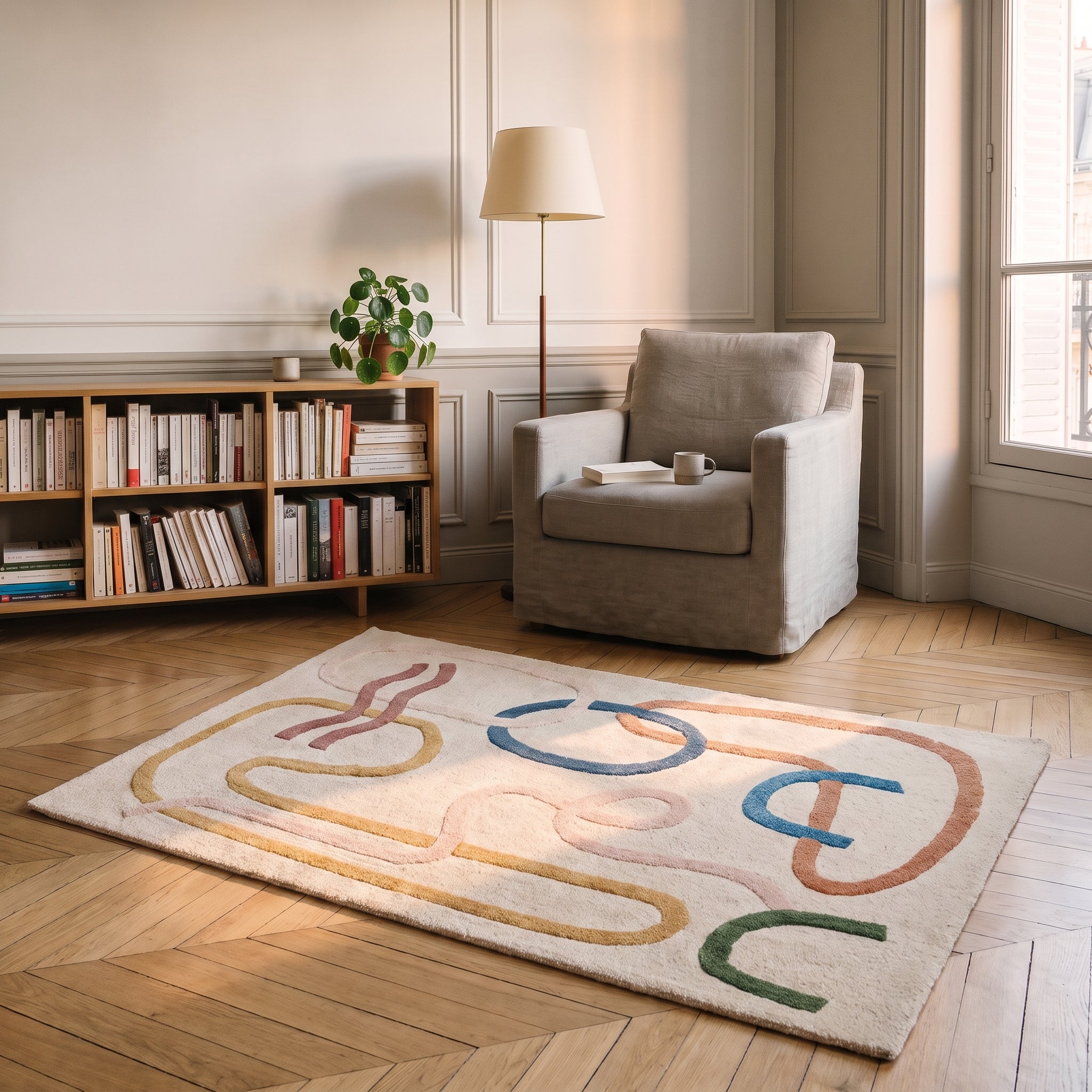 Tapis à lignes colorées dans un coin lecture Image