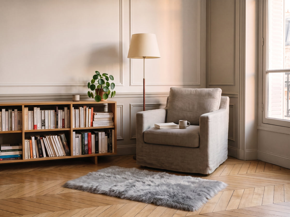 Tapis gris à poils longs 60 x 120 cm dans le coin lecture