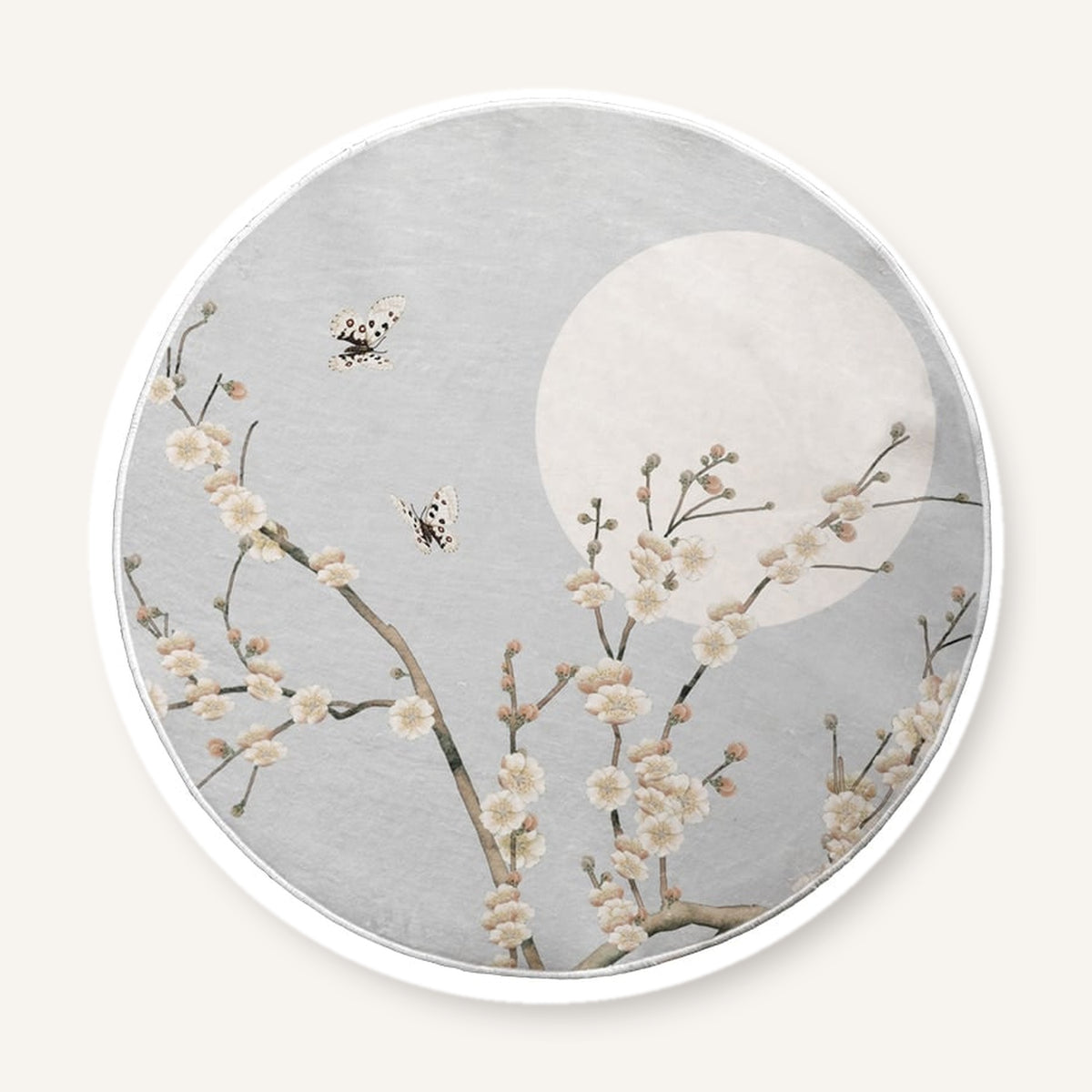 Tapis rond gris avec fleurs et papillons, vue entière