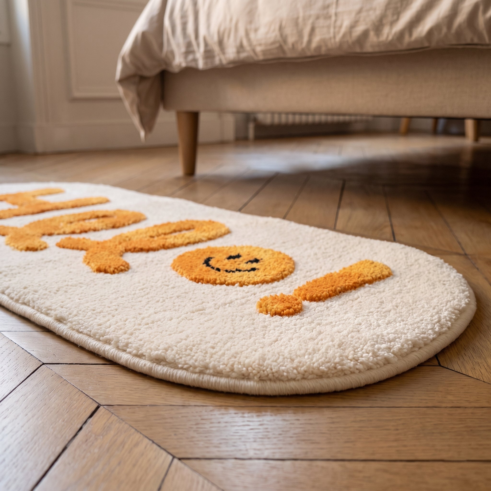 Épaisseur du velours crème du tapis Hello, vue au ras du parquet au pied du lit Image