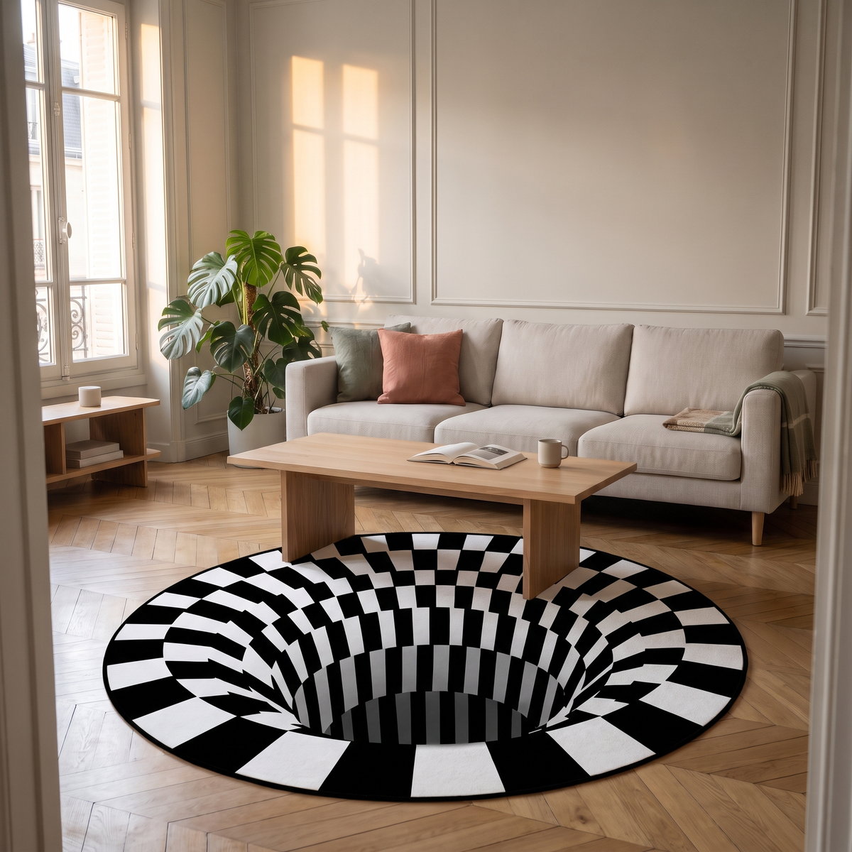 Tapis illusion rond noir et blanc dans une pièce lumineuse Image